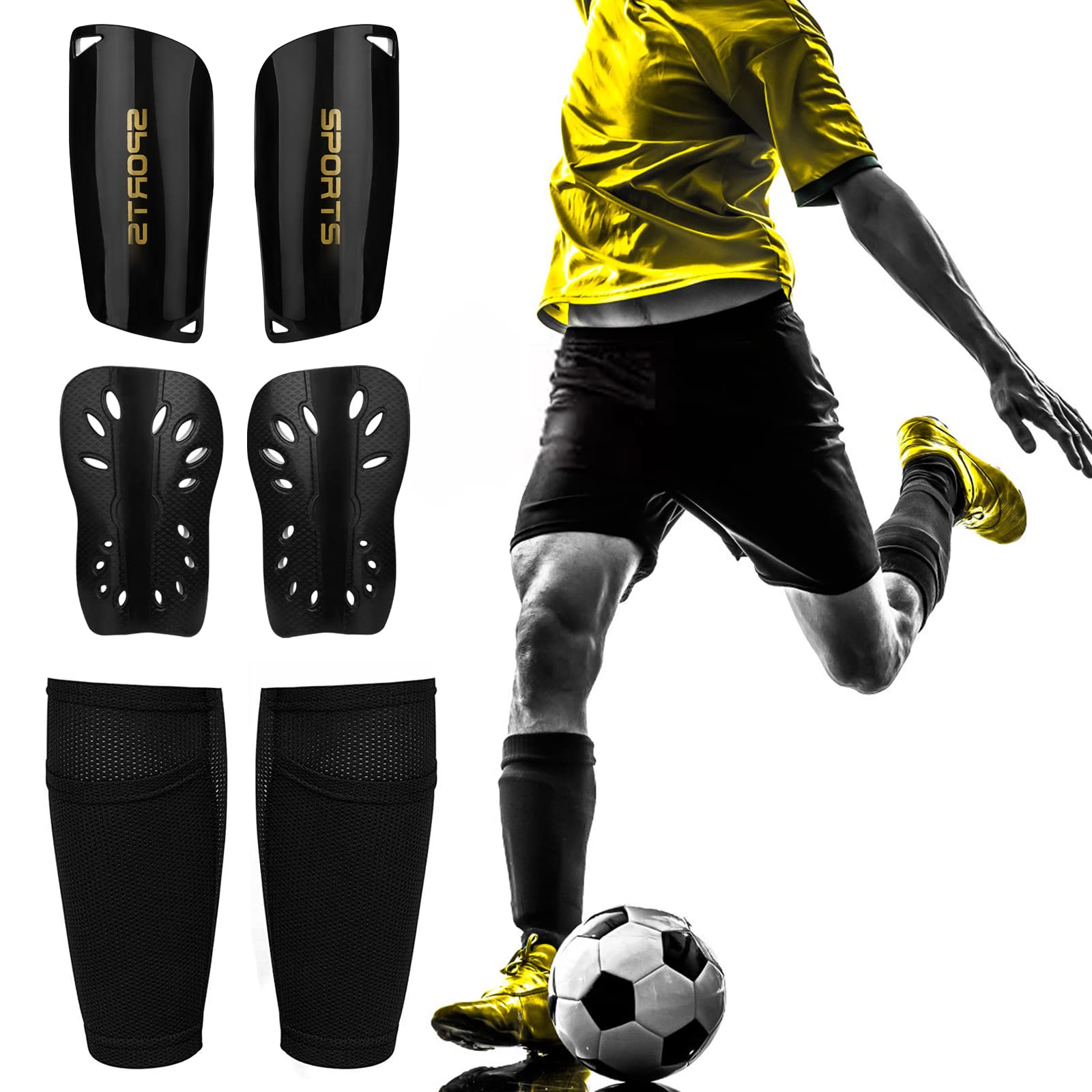 Football Shin Guards with Sleeve, Black Shin Guards Pads + Shin Guard Sleeves, Breathable Soccer Shin Pads for Mens, Shin Pad Sleeves for Football Games Protection Reduce hit & Injuries