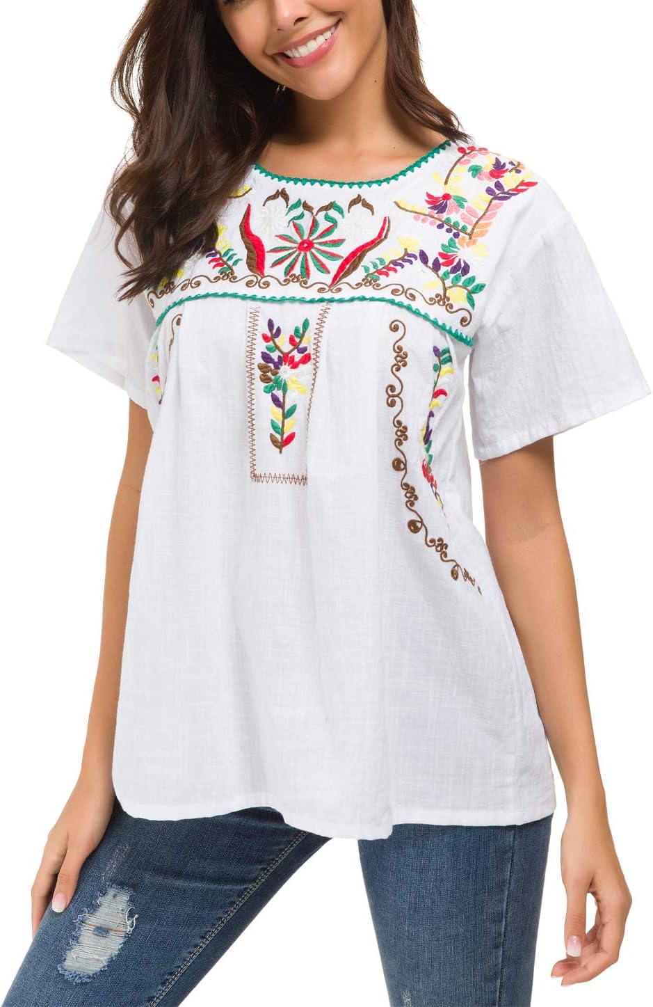 YZXDORWJ Women's Embroidered Mexican Peasant Blouse Mexico Summer Shirt Short Sleeve