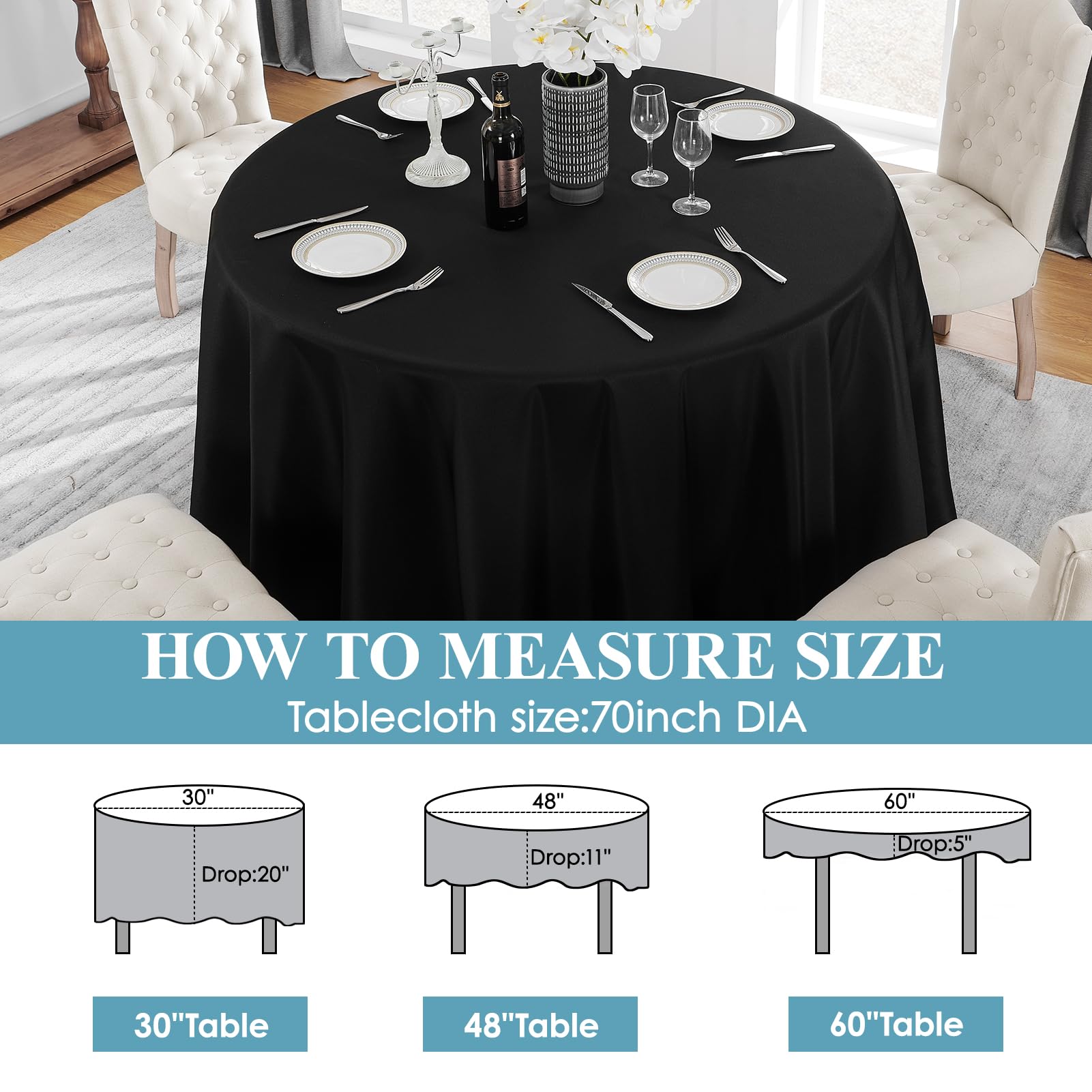 VidaFete Confezione da 6 tovaglie rotonde da 177,8 cm, in poliestere, antimacchia e antipiega, per cucina, sala da pranzo, feste, matrimoni, rettangolare, decorazione per tavolo e buffet (nero)