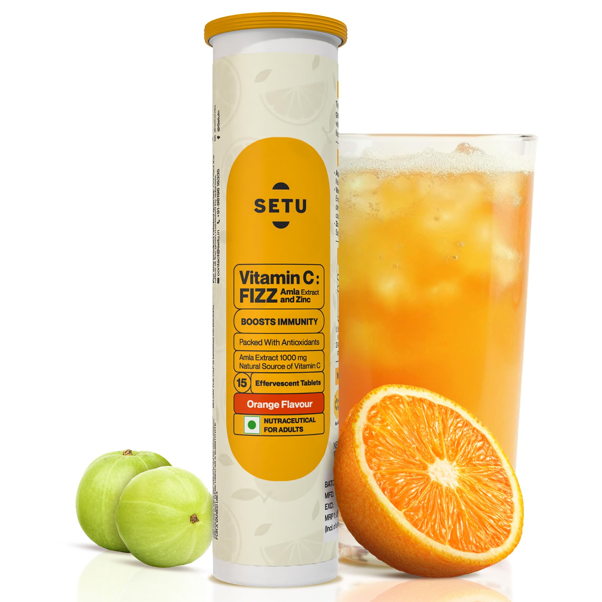 Setu Vitamin C: Fizz (15 Effervescent Tablets) | Supplements for Women & Men | Antioxidant-Rich to Helps Boost Immunity in Adults With Vitamin C Complex, Amla & Zinc (Orange)