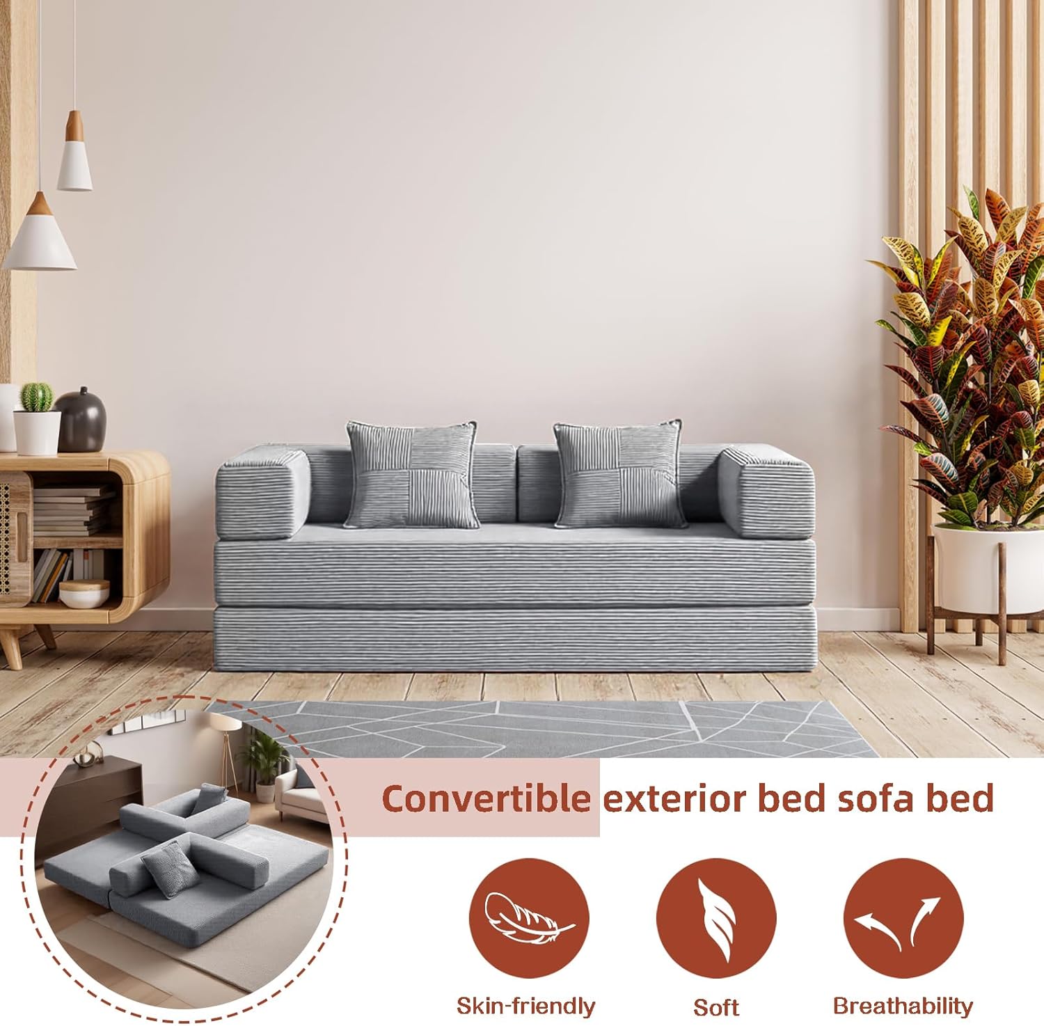 79" Convertible Sofa Bed with 2 Pillows, Fixed-Shape Frame, Removable Armrests, Corduroy Boneless Futon Sofa Bed, Modular Foldable Sleeper Couch for Living Room, Bedroom, Dorm（Beige Grey）