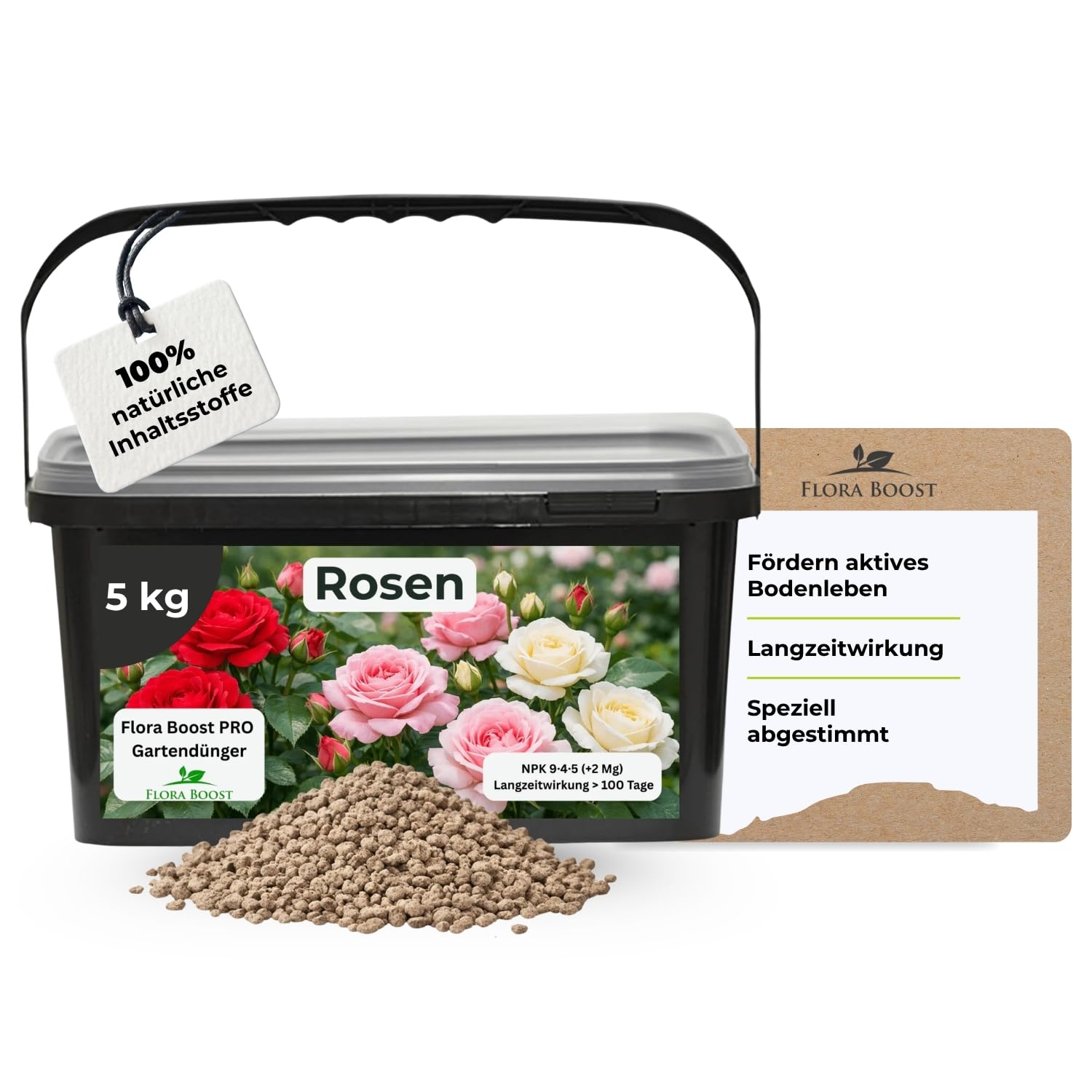 Flora Boost PRO Rosen Dünger 5 kg I Langzeitdünger für Edel-, Beet-, Kletter- & Strauchrosen I Granulat für üppige Blüten, kräftiges Wachstum & gesunde Rosen