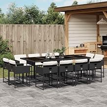 12-Person Patio Dining Set, Black Powder-Coated Synthetic Poly Rattan, Rectangular Outdoor Table & 12 Chairs with Cream White Cushions, for Garden, Deck, Balcony