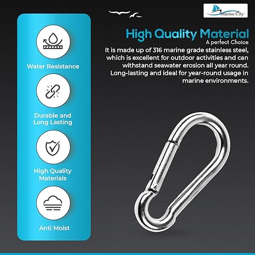 Miniatura 3 de MARINE CITY Mosquetón de acero inoxidable de grado 316 con anillo de 3-18 pulgadas para escalada, pesca, senderismo, barco, vela, campamento