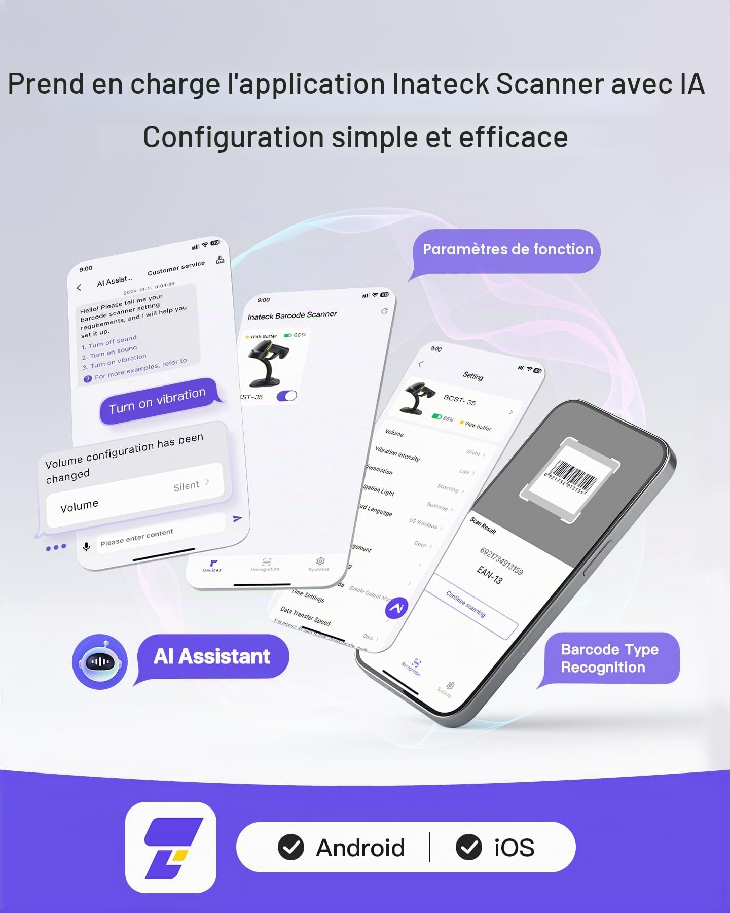 Inateck 2D Douchette Code Barre avec Support, Lecteur Code Barre sans Fil avec APP et SDK, Scanette QR avec Batterie 2600mAh, BCST-35, Vert