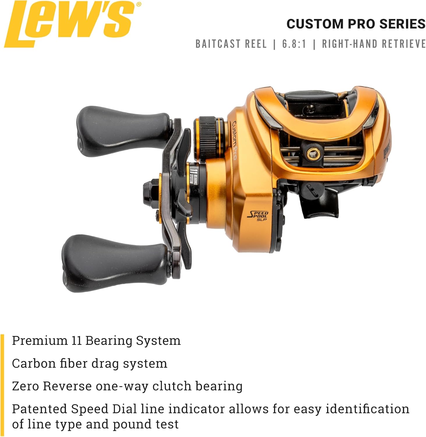 Lew’s Custom Pro Baitcast Fishing Reel, 10+1 Bearings, Aluminum Frame, ParaMag ITB Brake, Aluminum Speed Gears, Carbon Fiber Drag, Gold/Black