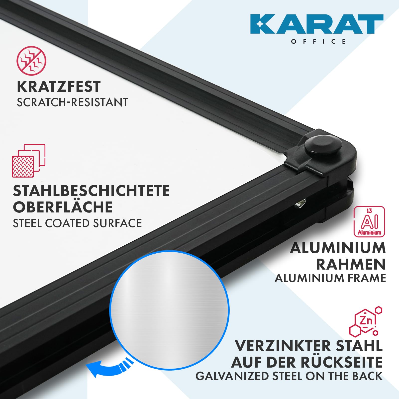 KARAT Tableau blanc magnétique - 80 x 110 cm - Avec cadre en aluminium noir et plateau de rangement pour marqueur - Tableau mémo avec matériel de montage - Pour bureau, école - Onyx