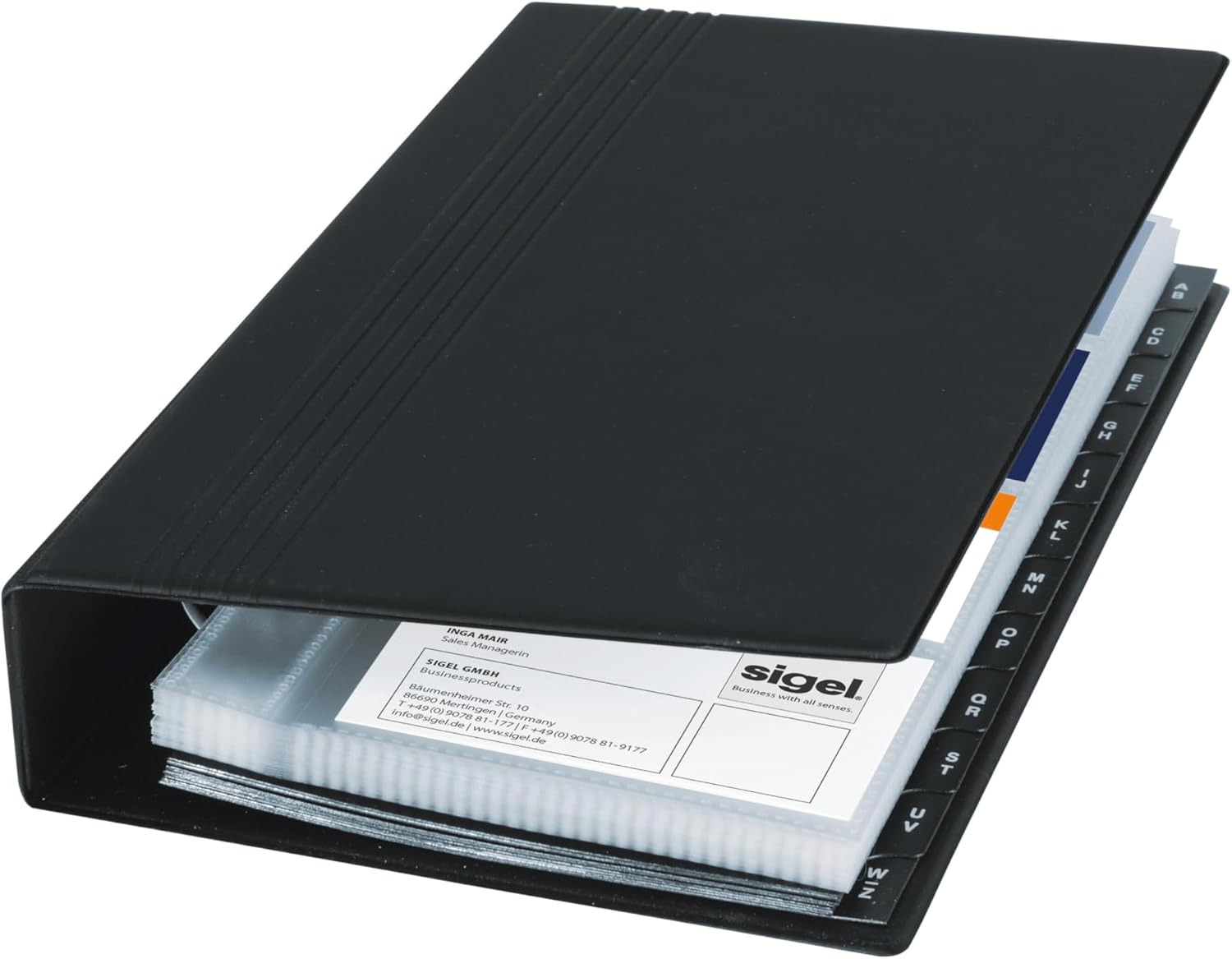 Sigel VZ300 Business Card Organiser, one row, black, matt, with 25 clear plastic pockets, index A-Z, 4-ring-mechanism