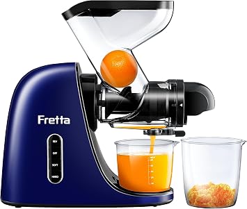 Fretta Cold Press Juicer Machine, Masticating Juicer with 3 Feed Chute, Horizontal Slow Juicer for Fruits & Vegetables, High Juice Yield, Easy to Clean, Quiet Motor,BPA Free,200W