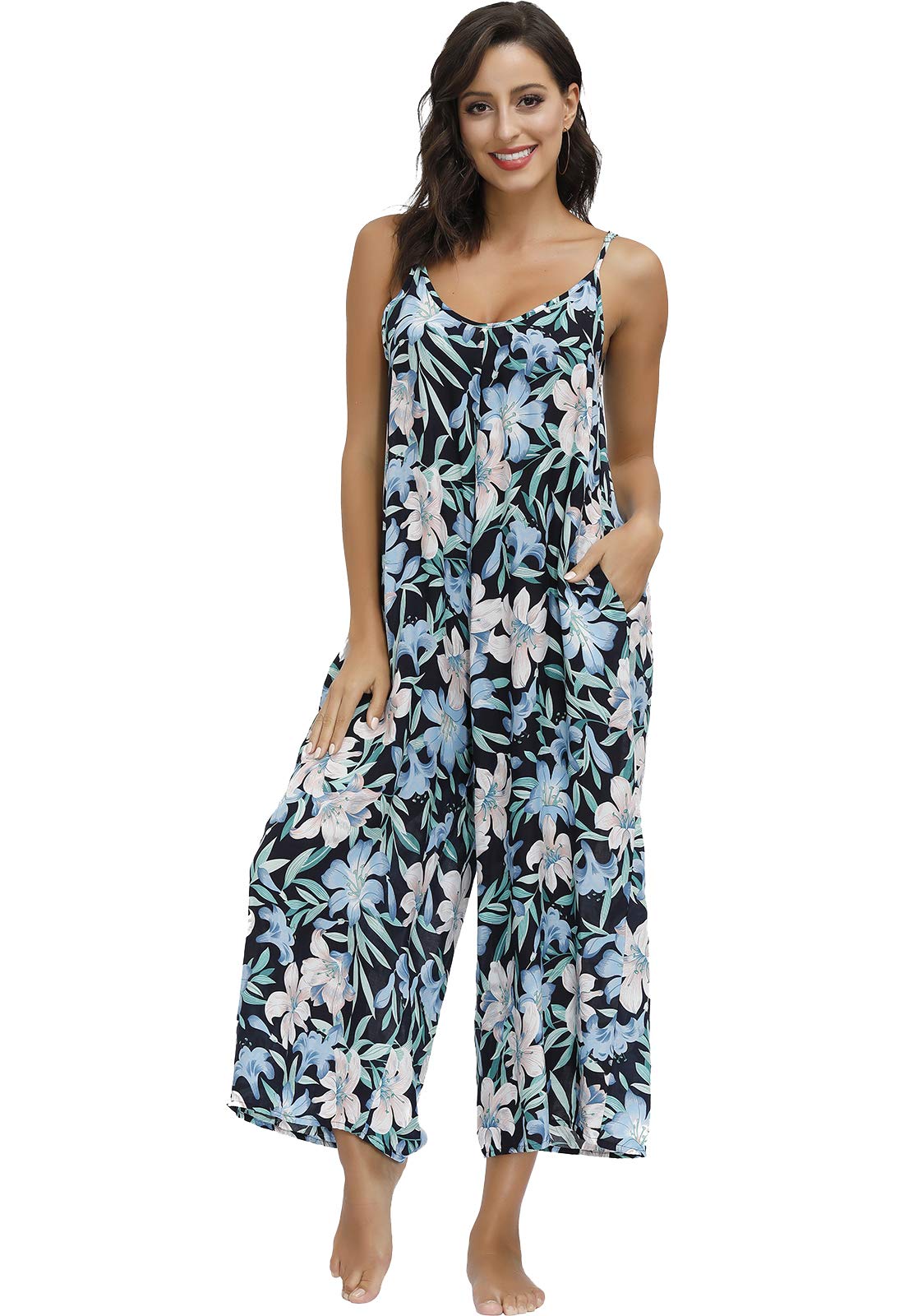 BUENOS NINOSWomen's V Neck Floral Maxi Dress Boho Printed Adjustable Spaghetti Strap Ethnic Beach Long Dress with Pockets