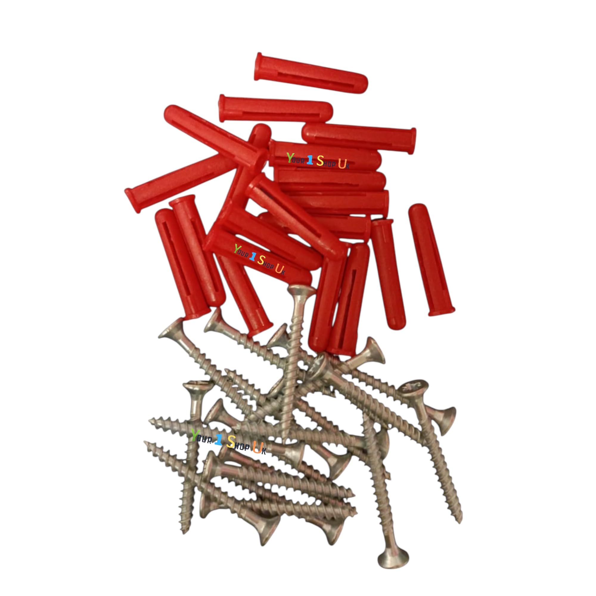 Your 1 Shop UK Wall Plugs and Screws Set, 20 Red 6mm Wall Plugs with 20 Pozi Countersunk Twinthread Screws, 8 x1.5 Inches for Stone Brick Concrete Red Expansion Plugs