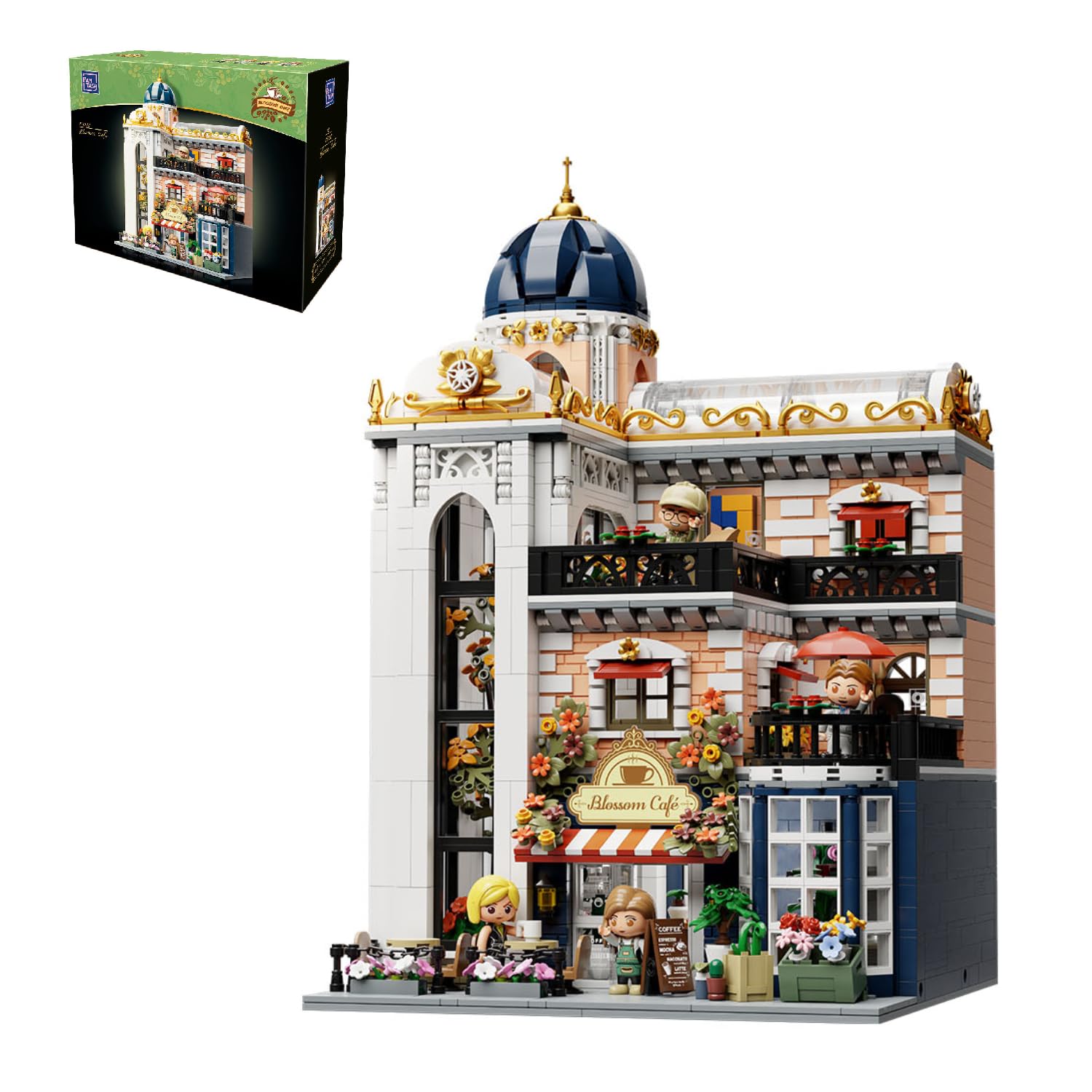 PANTASY Blossom Café Modular Building Set, 3-Story European Glasshouse Landmark with Café, Art Gallery & Floral Atrium, Collectible Architecture Model Kit for Adults, Creative Display Blocks