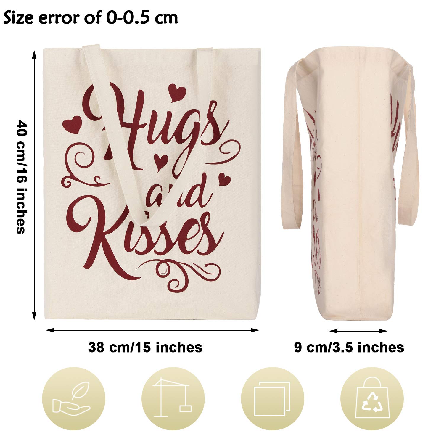 Weewooday 2 Pieces Valentine's Day Tote Bags Heart Reusable Canvas Tote with Handles Cotton Hugs and Kisses Shopping Bags for Wedding Valentine's Day Party Grocery Shopping Market