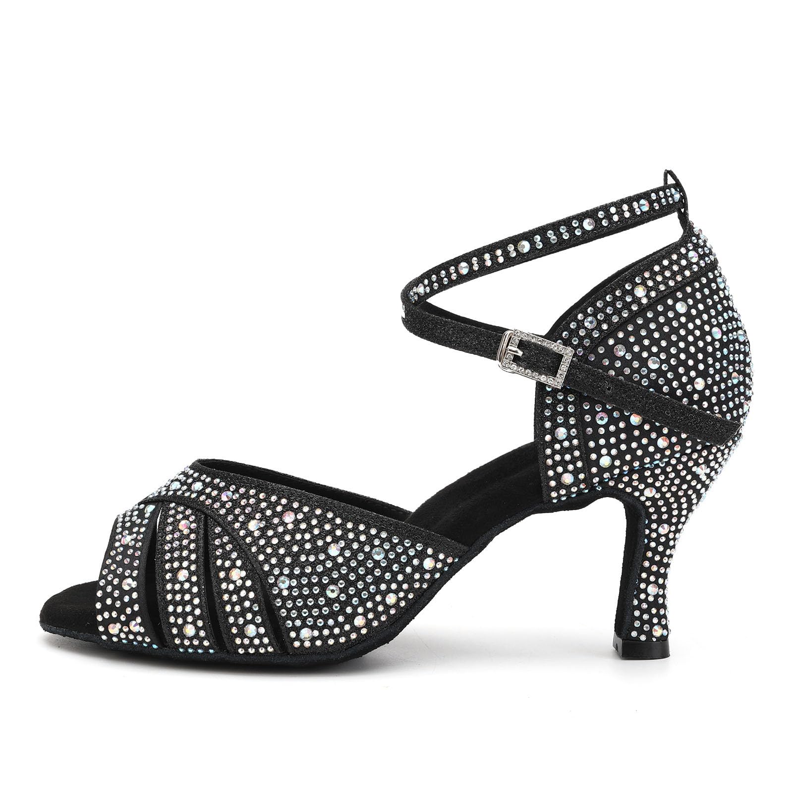 SWDZM Scarpe da Ballo Latino Donna Strass Salsa Bachata Prestazioni Professionale,Zwart,Hakhoogte 7cm,Suède zool,EU 34