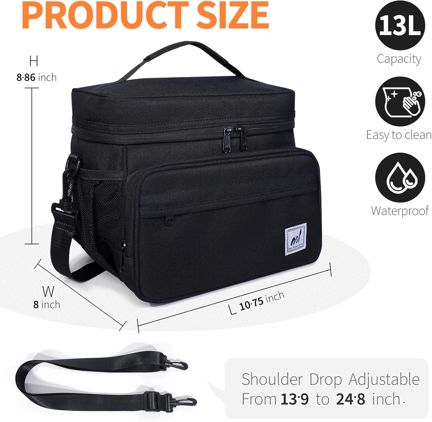 NOL Natural Organic Lifestyle Fully-Insulated Lunch Bags for Women & Men, Lightweight Nylon Cooler Bag for Adult Meal with Adjustable Shoulder Strap Waterproof Lunch Box For Work, 18 Cans/13 L, Black