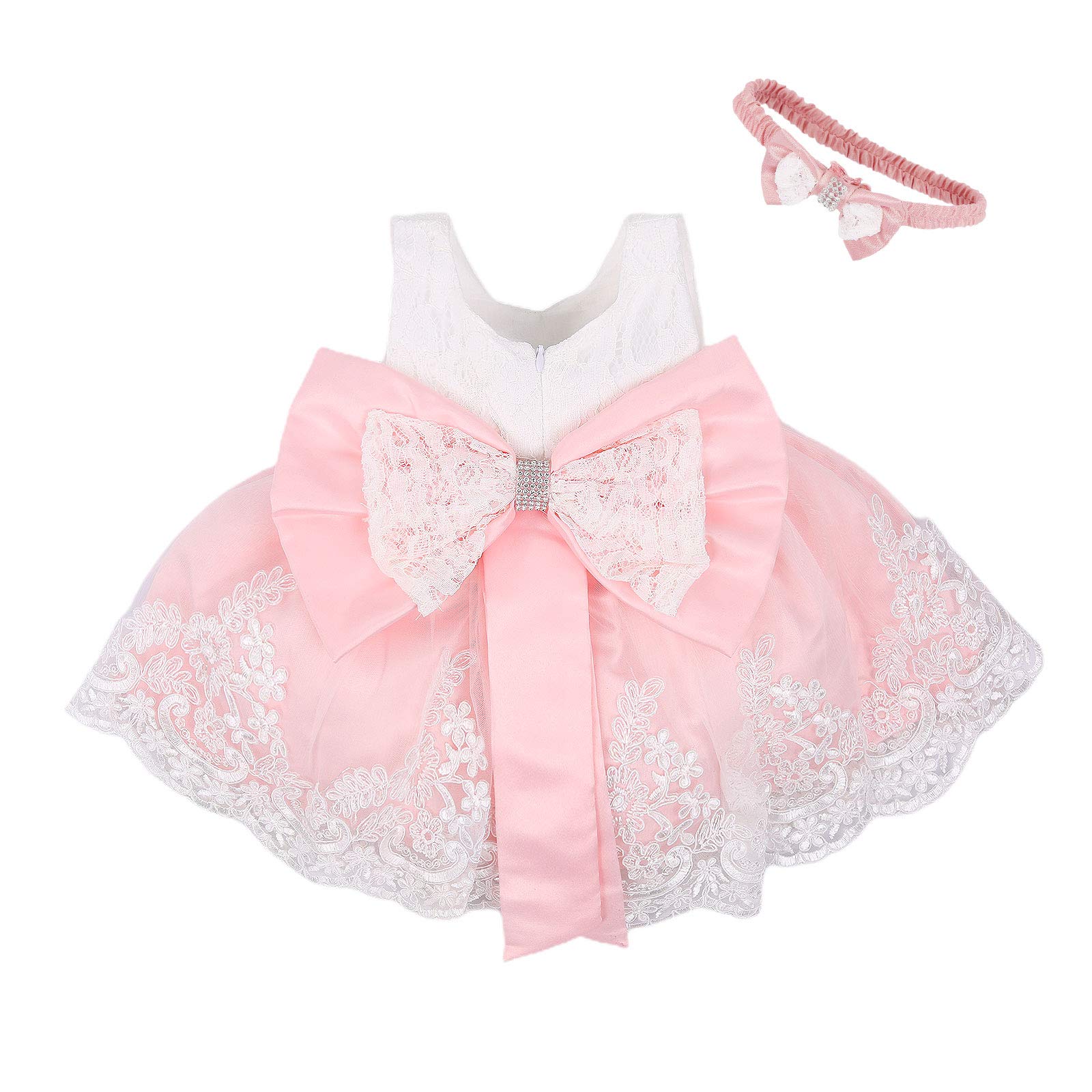 Partclots Infant Baby Girls Dress with Hairband, Pageant Wedding Flower Girls Dress, Floral Lace Back Big Bow Dress (Pink, 18-24 Months)