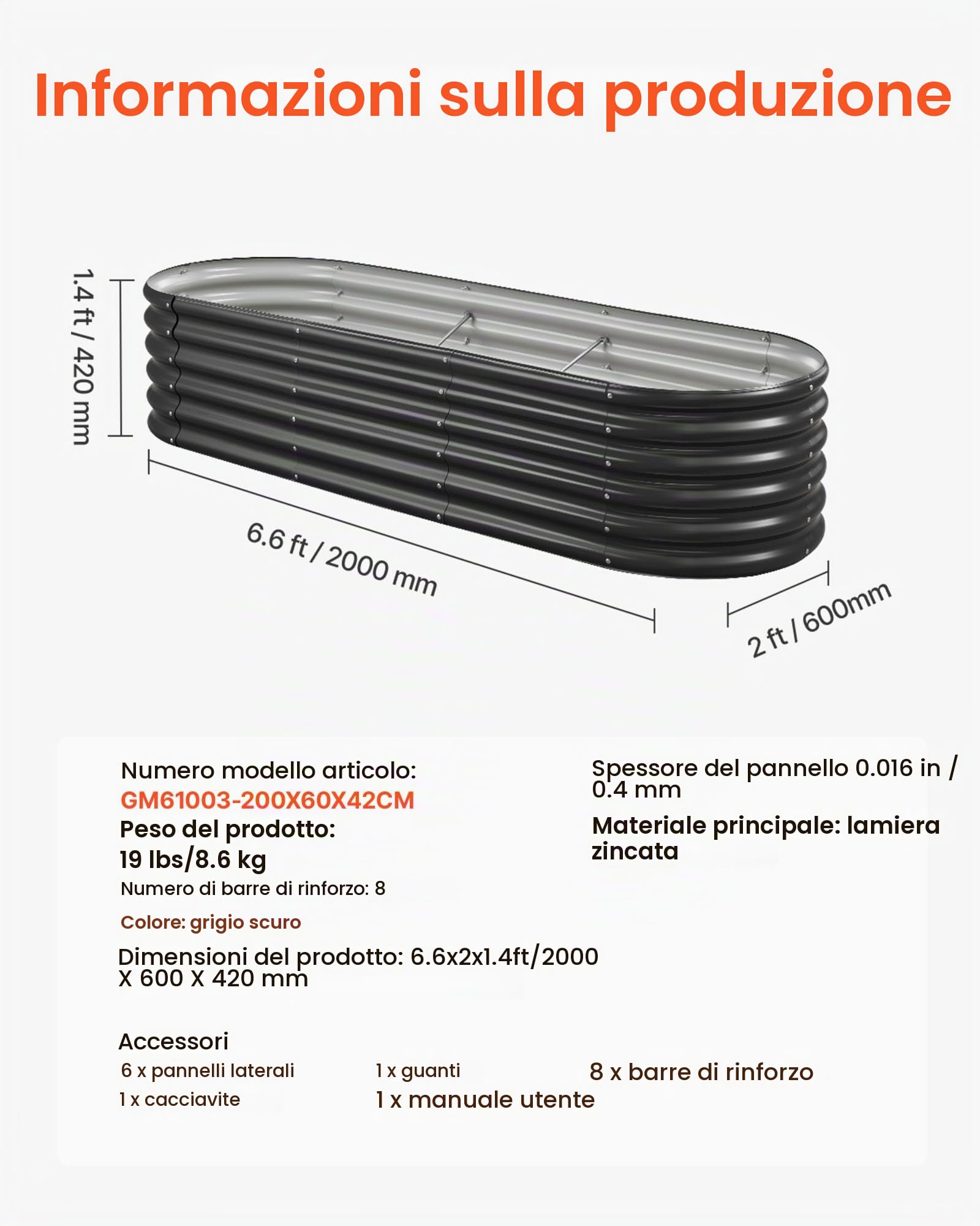 VEVOR Fioriera Rialzata da Giardino Esterno 2000 x 600 x 420 mm, Fioriera Ovale da Esterno, Design a Fondo Aperto, Grande Aiuola Rialzata per la Coltivazione di verdure, Piante Grasse, Grigio Scuro