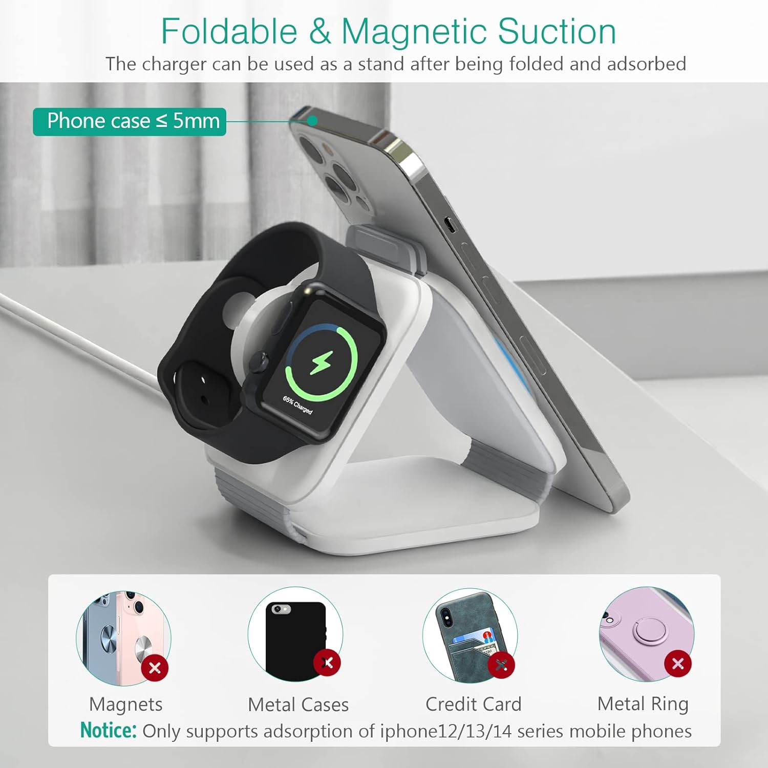 ORIA 3-in-1 Foldable Wireless Charger configured as a stand, charging a phone and Apple Watch