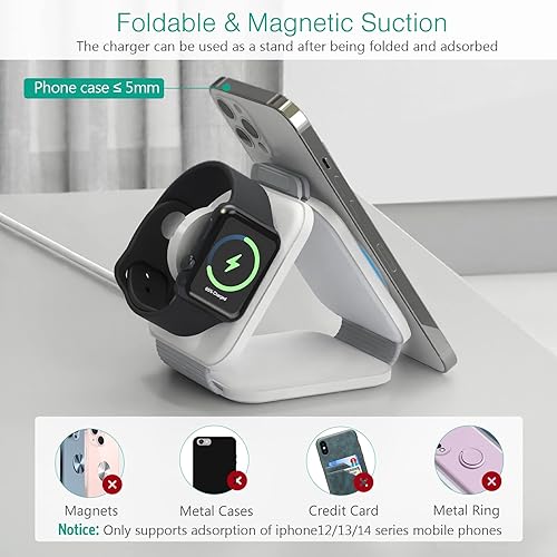 Miniatura 4 de ORIA Cargador inalámbrico plegable 3 en 1, almohadilla de carga inalámbrica rápida con luz indicadora de carga, estación de carga plegable para iOS,
