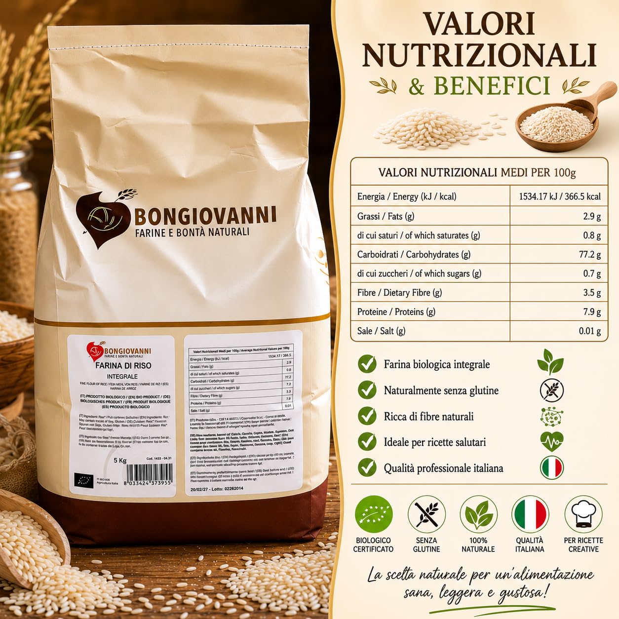 BONGIOVANNI FARINE E BONTA' NATURALI Farina di Riso integrale BIO- 5 Kg