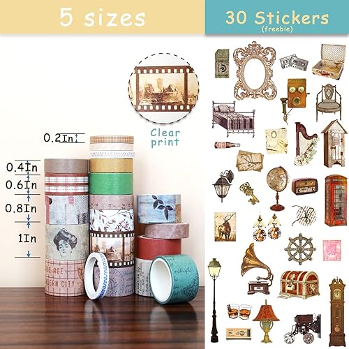 Miniatura 9 de NIKOMIE Juego de 20 rollos de cinta washi vintage y 30 calcomanías retro negras, cinta adhesiva estética floral ancha para suministros de álbumes de