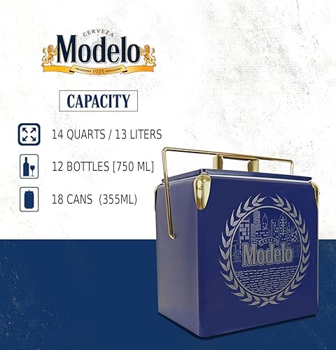 Miniatura 5 de Modelo - Hielera retro con abrebotellas, 13 litros (14 cuartos de galón), capacidad para 18 latas, azul y dorado, cubo de hielo de estilo vintage