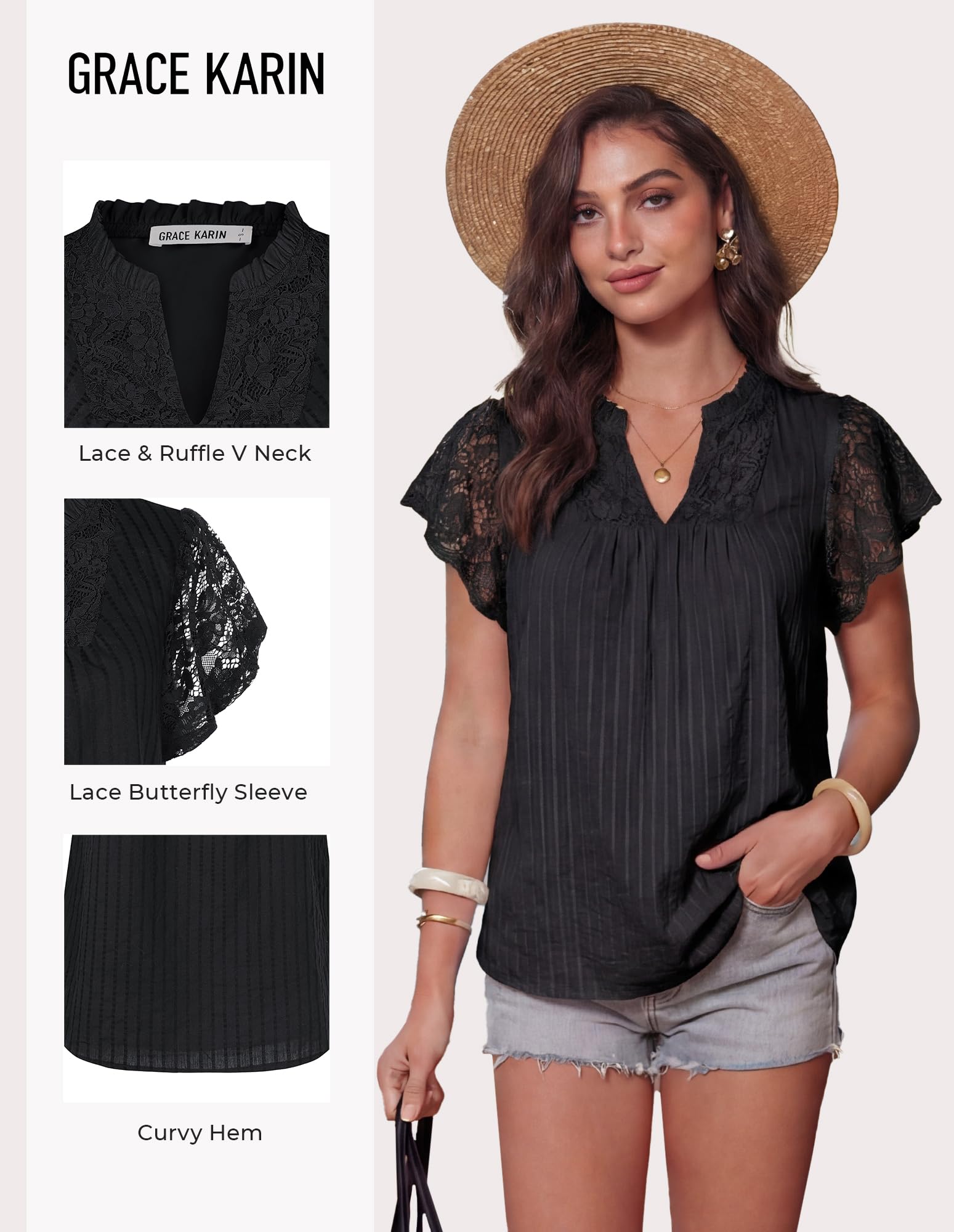 GRACE KARIN Camicia da donna in pizzo di cotone, elegante Henley con scollo a V, a maniche corte