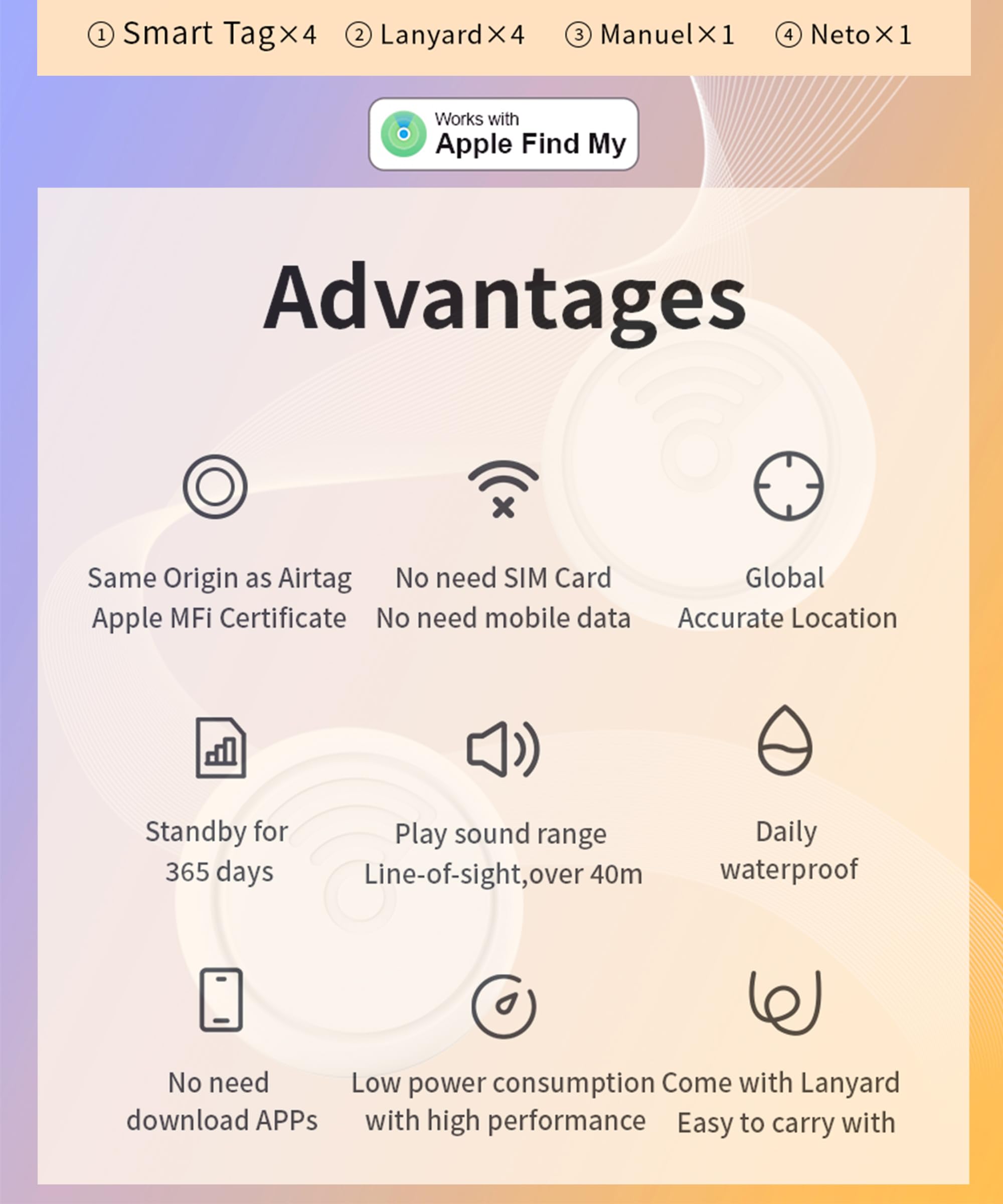 Smart Tags Lot de 4 localisateurs d'articles compatibles avec Apple Find My (iOS uniquement), localisateur Bluetooth IP65 pour clés, sacs, bagages