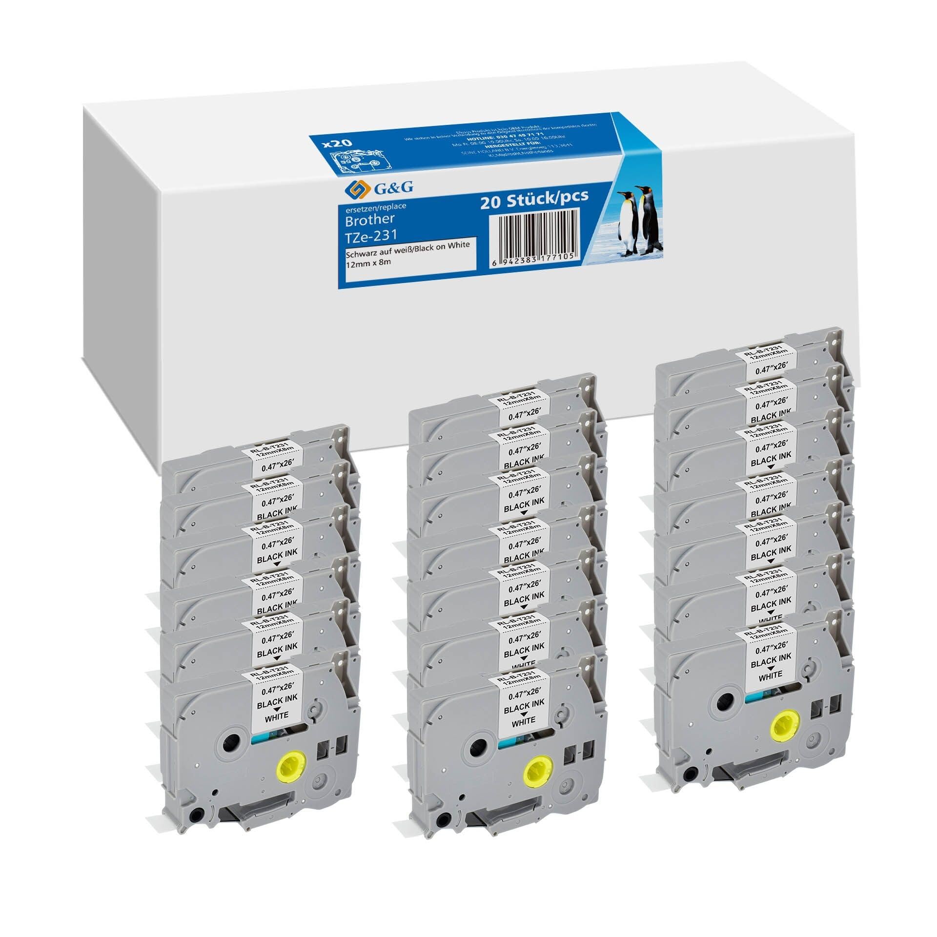 G&G 20 nastri per etichettatura, 12 mm x 8 m, sw ws comp. m. Brother TZe-231
