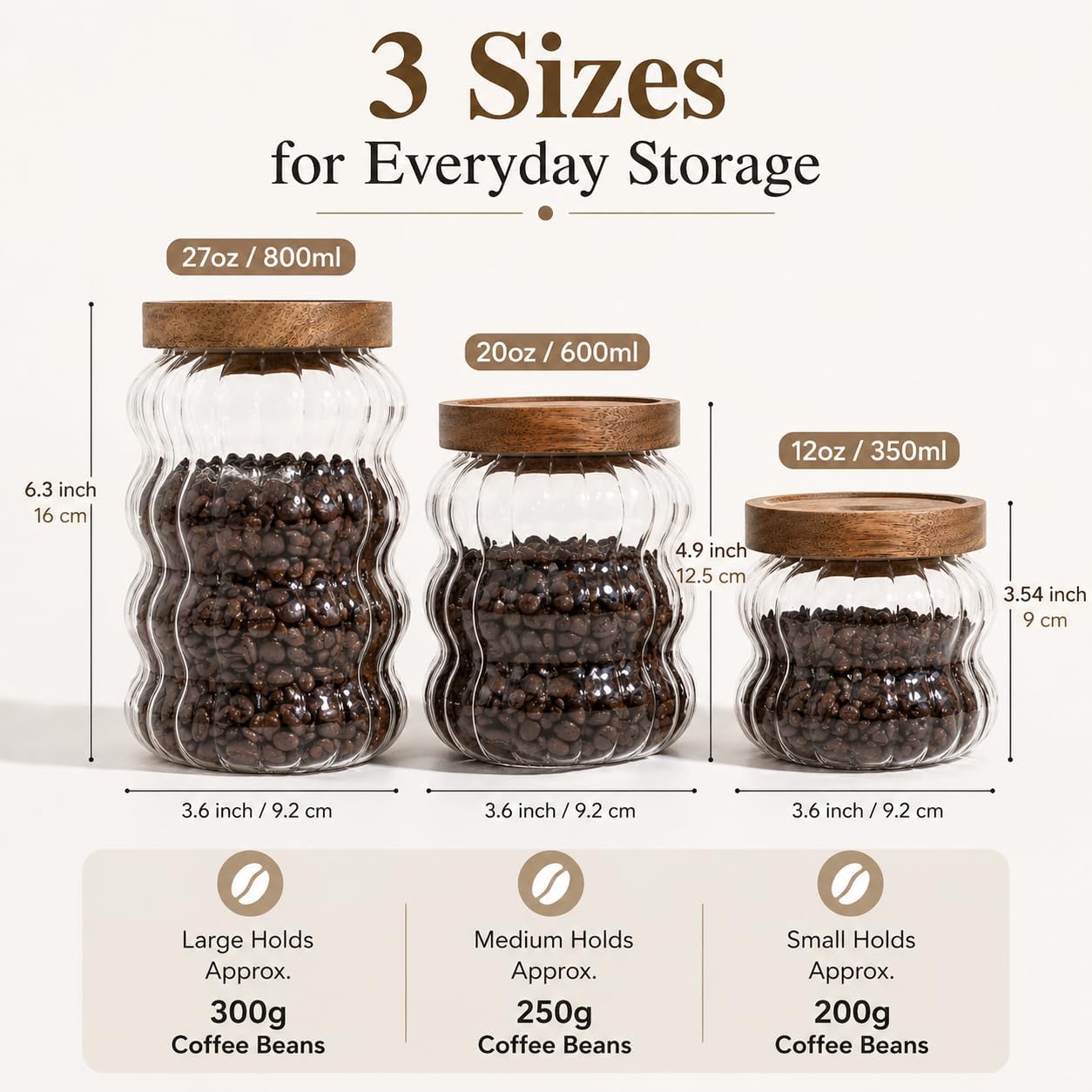 yutrenn Glass Jar with Wood Lid Cute Decorative Glass Jars Canisters for Nut Coffee Sugur Glass Storage Jar Sets of 3 Size Clear Strip for Kitchen Storage Decor Gift for Christmas (12/20 /27oz)