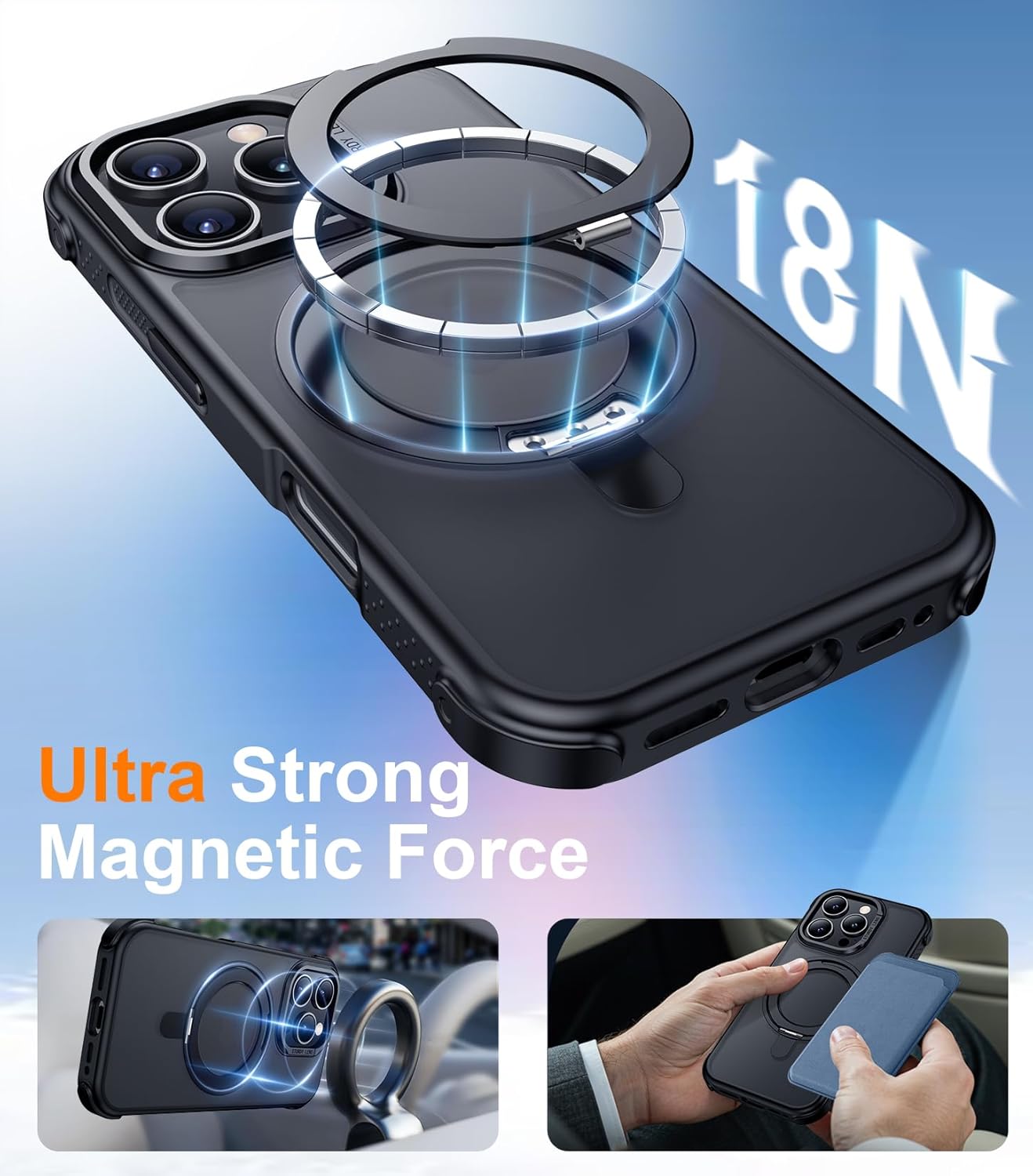 Temdan Magnetic for iPhone 16 Pro Case,[with 360°Rotatable Invisible Magnetic O-Ring Stand][Military Grade Shockproof][Compatible with MagSafe] Slim Translucent Matte Phone Case for iPhone 16 Pro 6.3" - Image 4