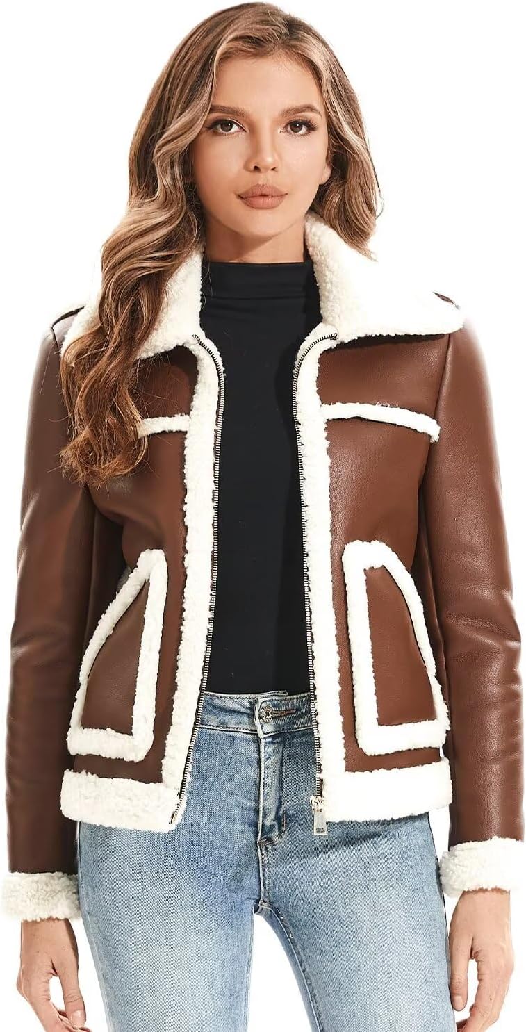 Women's Faux Shearing Moto Jacket Thick Fur Lined Coat Sherpa Leather Jacket - Image 3