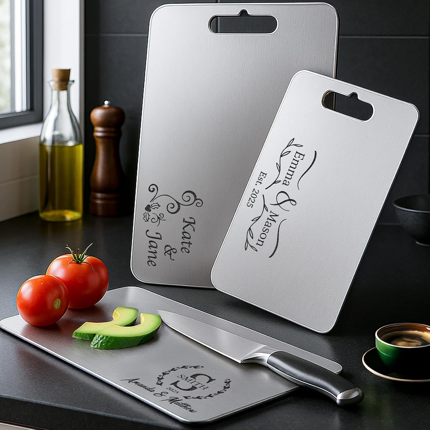 Personalized Titanium Cutting Board for Kitchen, 100% Pure Titanium and Stainless Steel, Double-Sided Cutting Boards, Custom Engraved Gift for Valentine's Day, Housewarming, Wedding, Anniversary