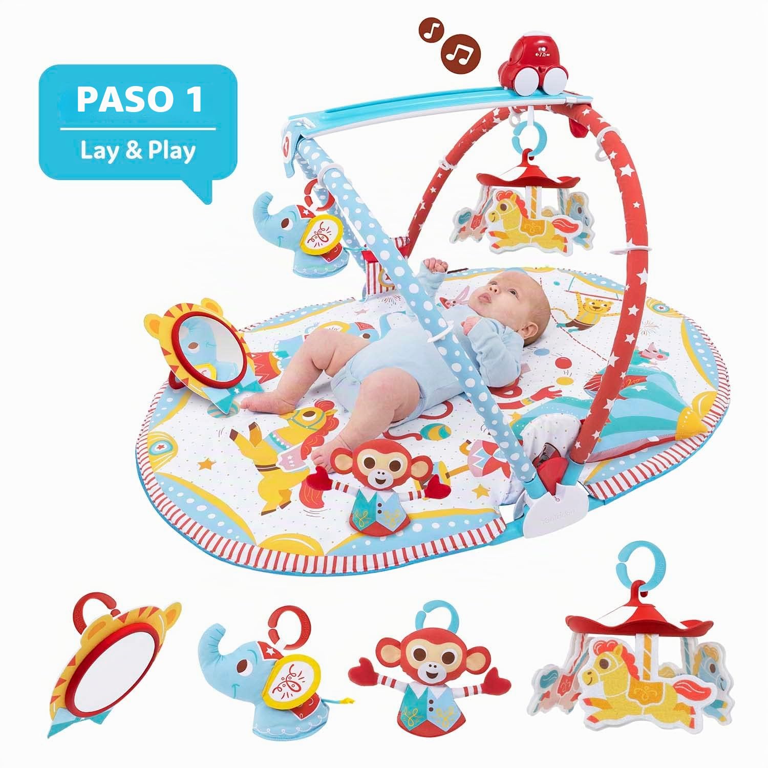Yookidoo Gimnasio para bebés y tapete de juego, accesorio de 3 etapas con pista de robot motorizada, 20 actividades de desarrollo, edad de 0 a 12 meses (Gymotion Circus Playland)