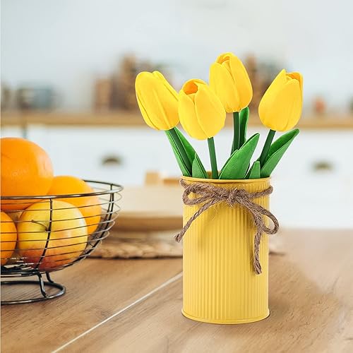 Miniatura 6 de Omldggr 12 tulipanes artificiales con maceta de metal, 3 paquetes coloridos de decoración de mesa, tulipanes artificiales en maceta para el hogar,