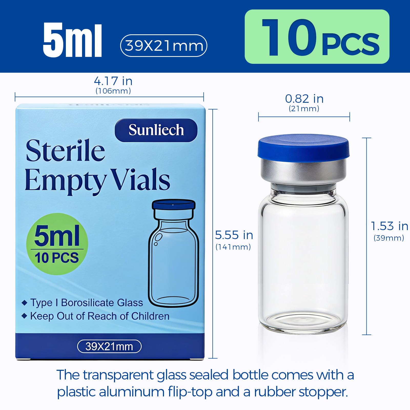 Sterile Glass Vials - 10 Pack, Airtight Seals -3 Sterile Glass Vials - 10 Pack, Airtight Seals -3