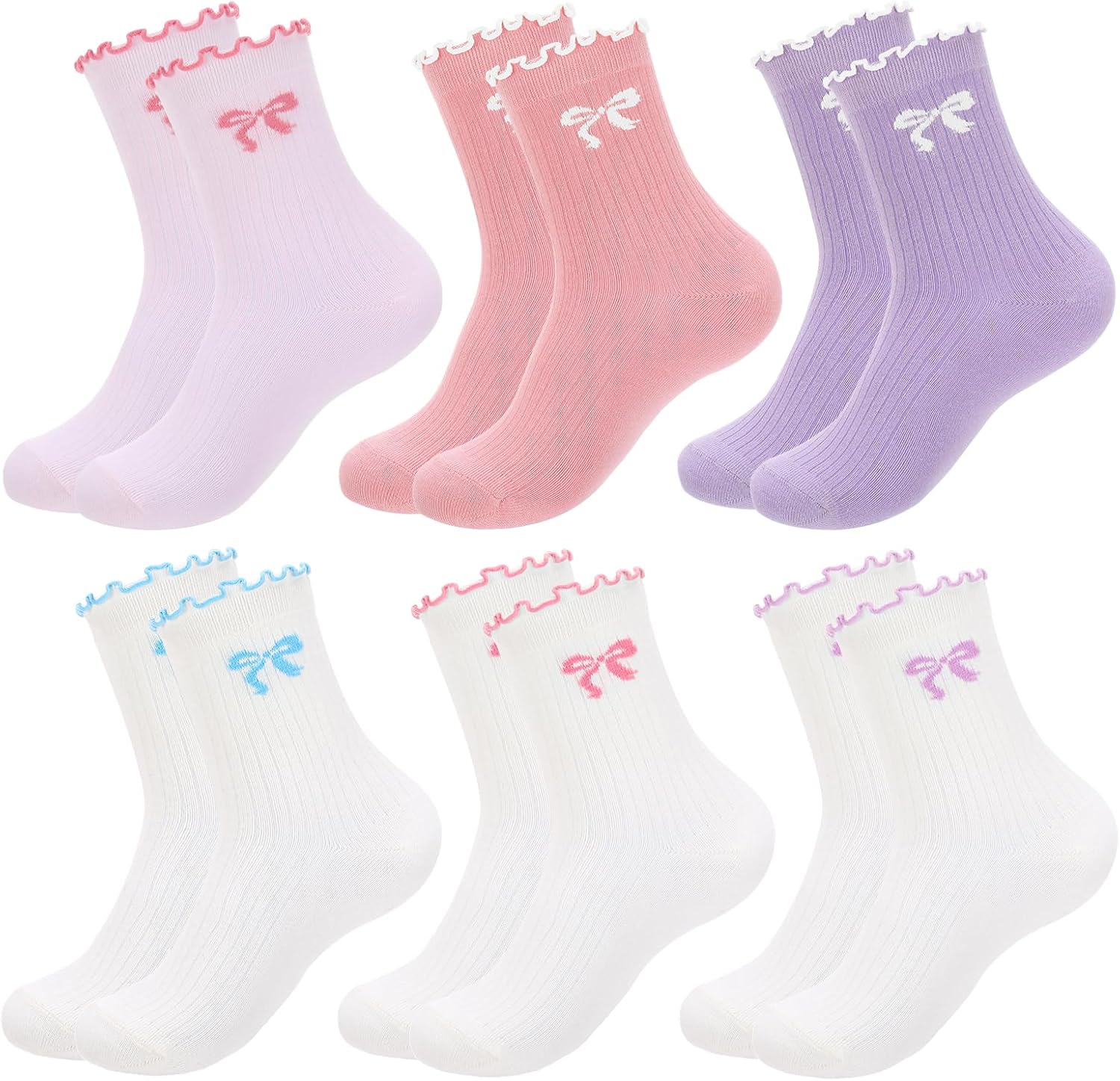 6 Pairs Cute Bow Socks for Girls Pink Kids Cotton Crew Socks | Pastel Soft Breathable Dress Sock, Flexible Ribbed Cuffs and Stretchy Material, Colorful Athletic Sock for School