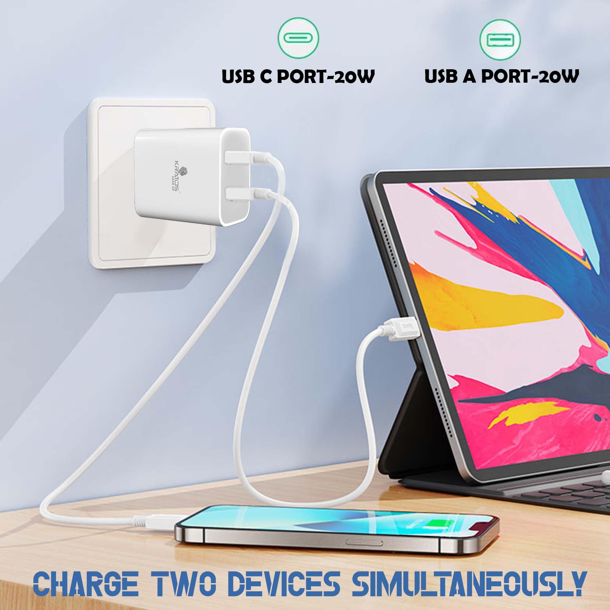 Kratos Power PQ1 45 W Charger Adapter, Dual Port (USB + Type C), Supports PD Charging via Type C Port, Compatible with Smartphones, Tablets & Smartwatch, Fast Charger Type c,White — Amazon image 2