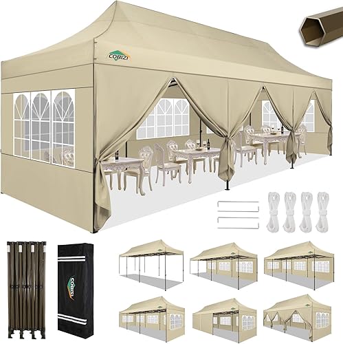 Miniatura 10 de COBIZI Tienda de campaña desplegable resistente de 10 x 20 pulgadas con 6 paredes laterales, toldos instantáneos comerciales para fiestas, kioscos