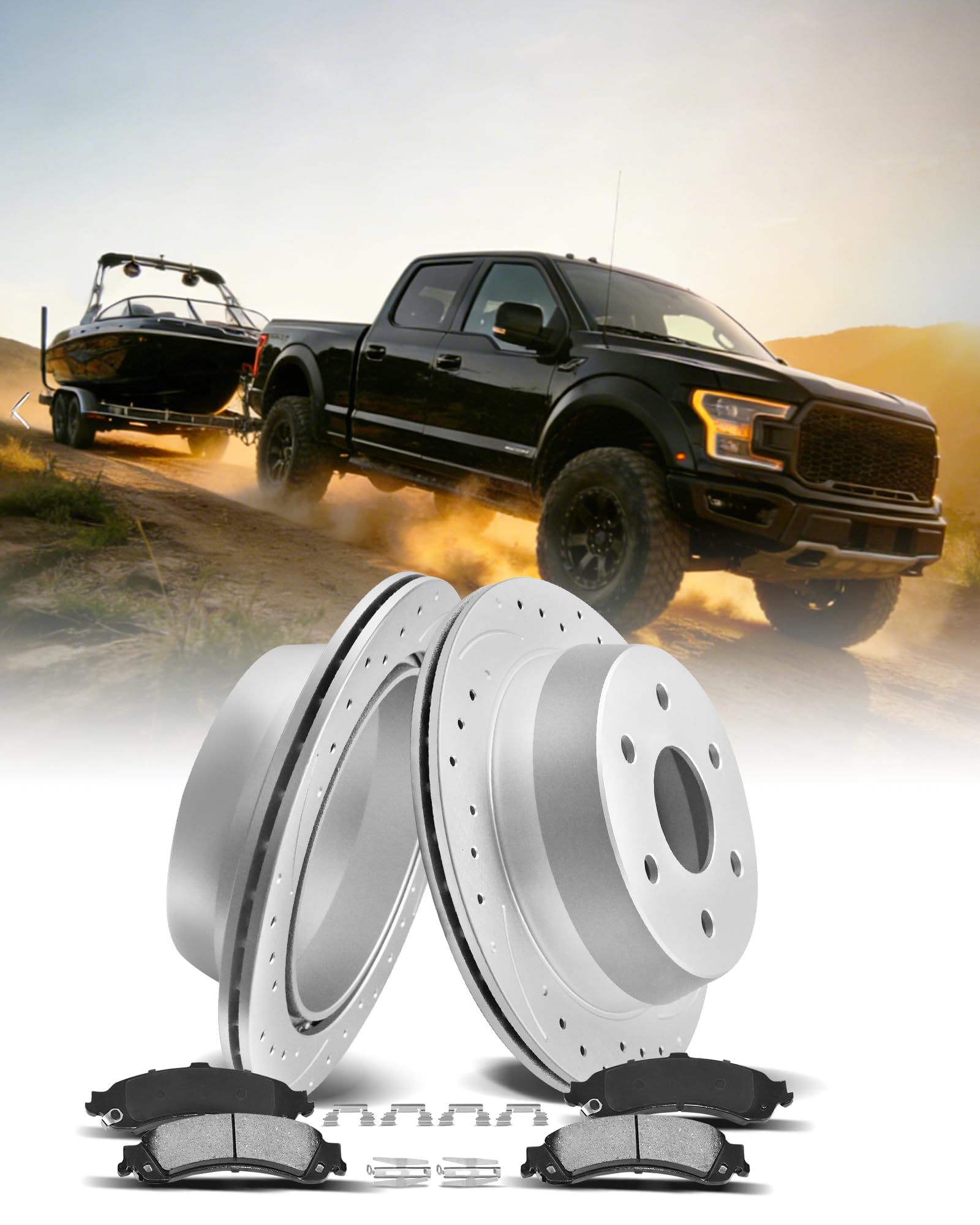 Photo 1 of MOTOREVO Rear Drilled & Slotted Brake Kit Compatible With F-150 2012-2018 (For 6-Lug with Mechanical Parking Brake Only) | GEOMET Coated Vented Rotors for Enhanced Cooling | Vehicle Specific Design