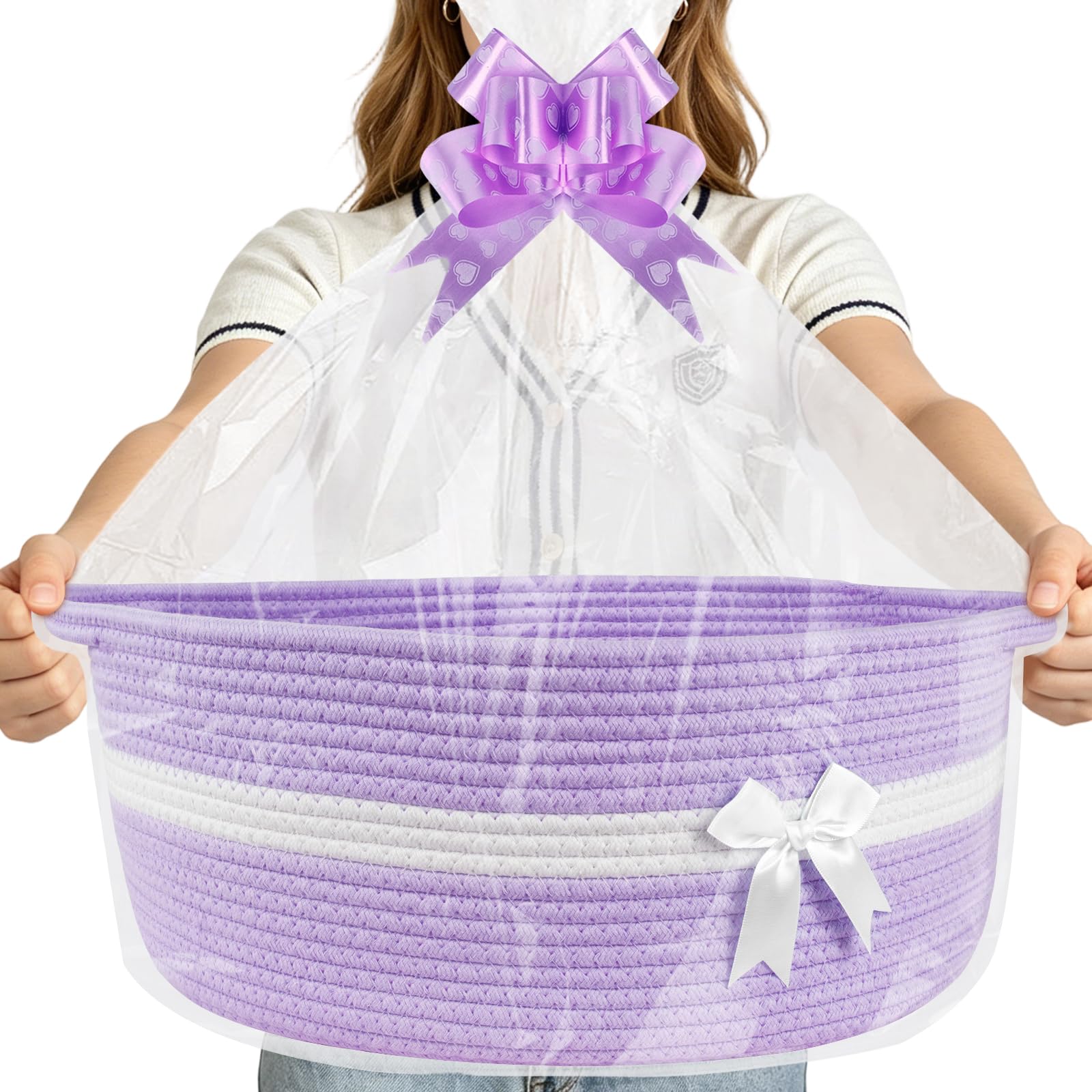 Lotvic Cesto regalo grande, 43 x 32 x 18 cm, kit cestino, cesto vuoto con sacchetti di cellophane e fiocchi, cesti regalo in corda con manici, cesti regalo in tessuto per baby shower, matrimoni