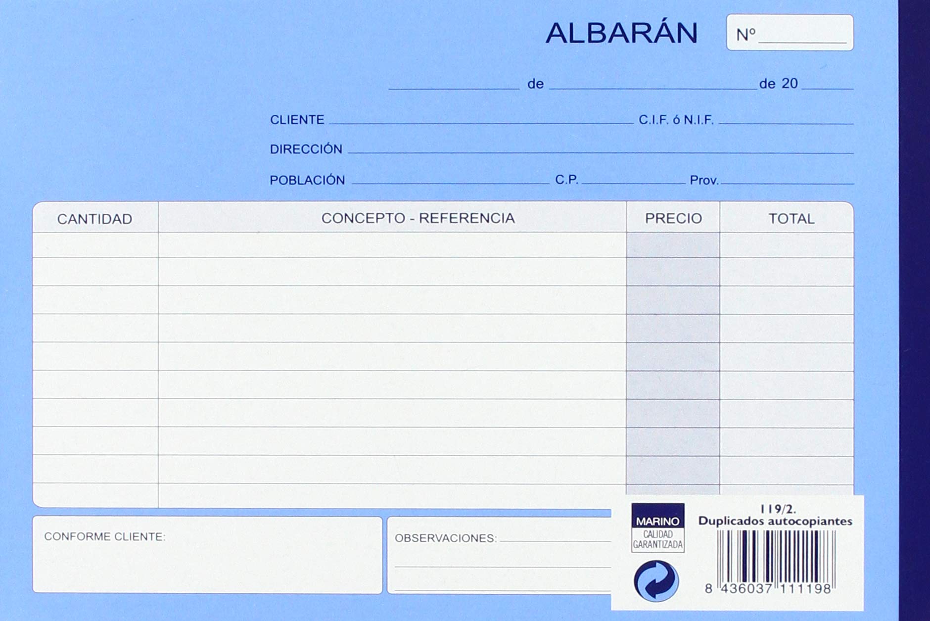 Marino 119/2 - Talonario de albarán 1/4, apaisado duplicado autocopiativo 119/2