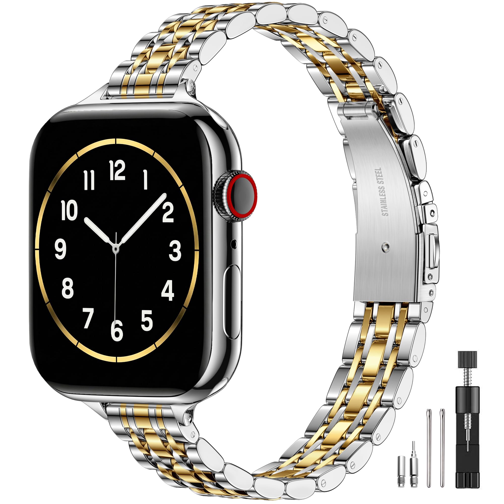 Lerobo Bracelet fin en métal compatible avec les bracelets Apple Watch pour femme 40 mm, 41 mm, 42 mm, 38 mm, 44 mm, 45 mm, 46 mm, 49 mm, bracelet fin et élégant en acier inoxydable pour iWatch Series