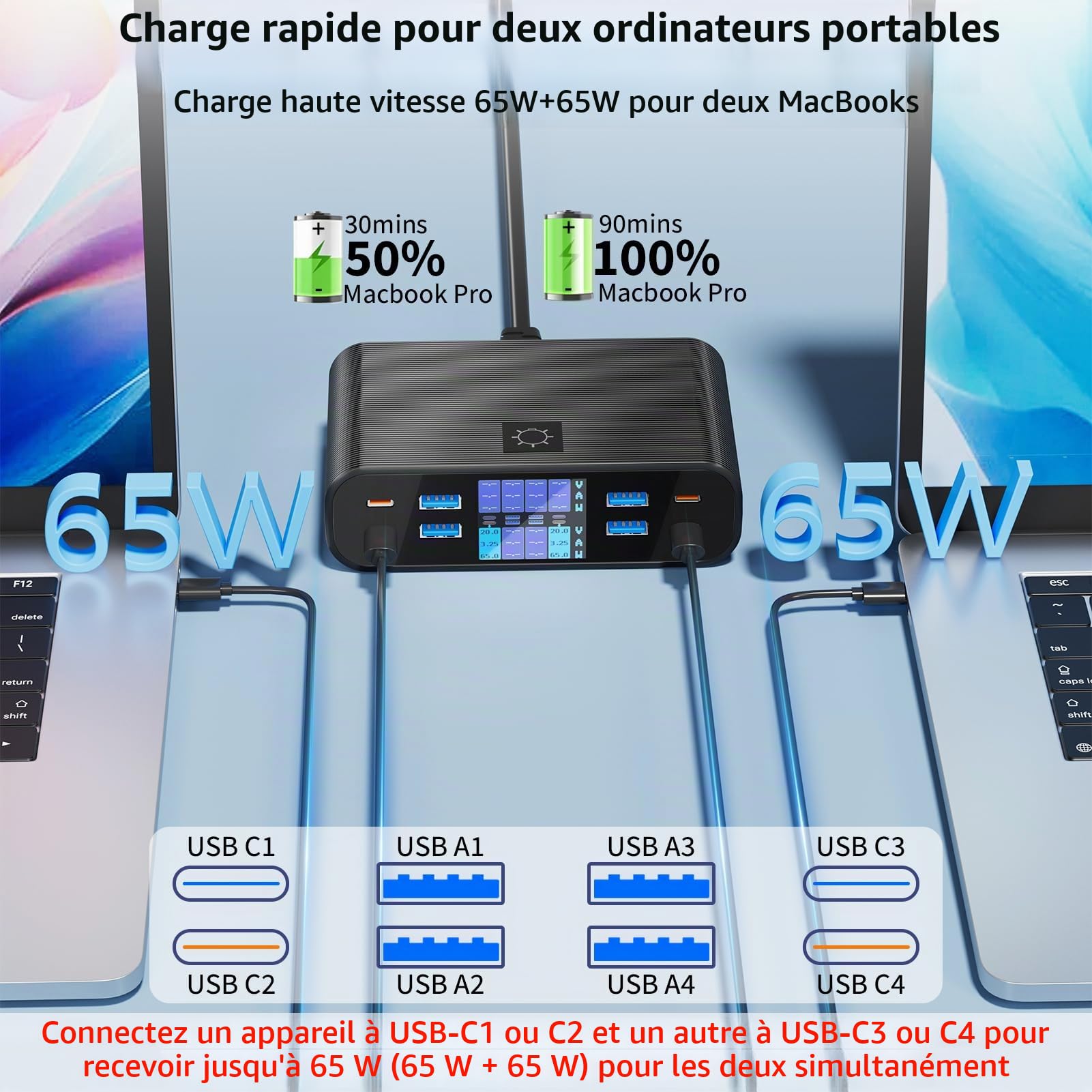 Chargeur USB C Multiple 8 Ports avec Écran LED 300W Station Charge | GaN Rapide PD PPS Chargeur USB C 65W QC3.0 USBA Charger Multi pour Macbook Ordinateurs Portables iPhone Pad, Noir