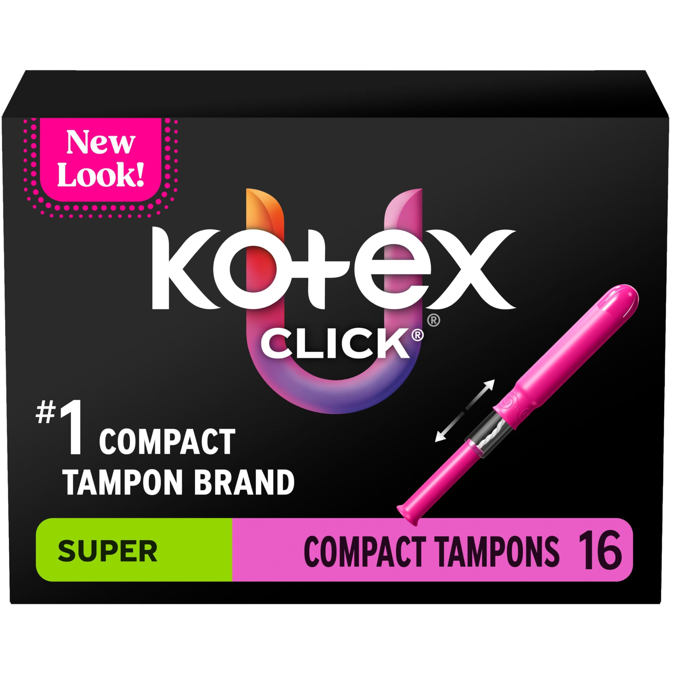 U by Kotex Click Compact Tampons, Super Absorbency, Unscented, 128 Count (8 Packs of 16) (Packaging May Vary)