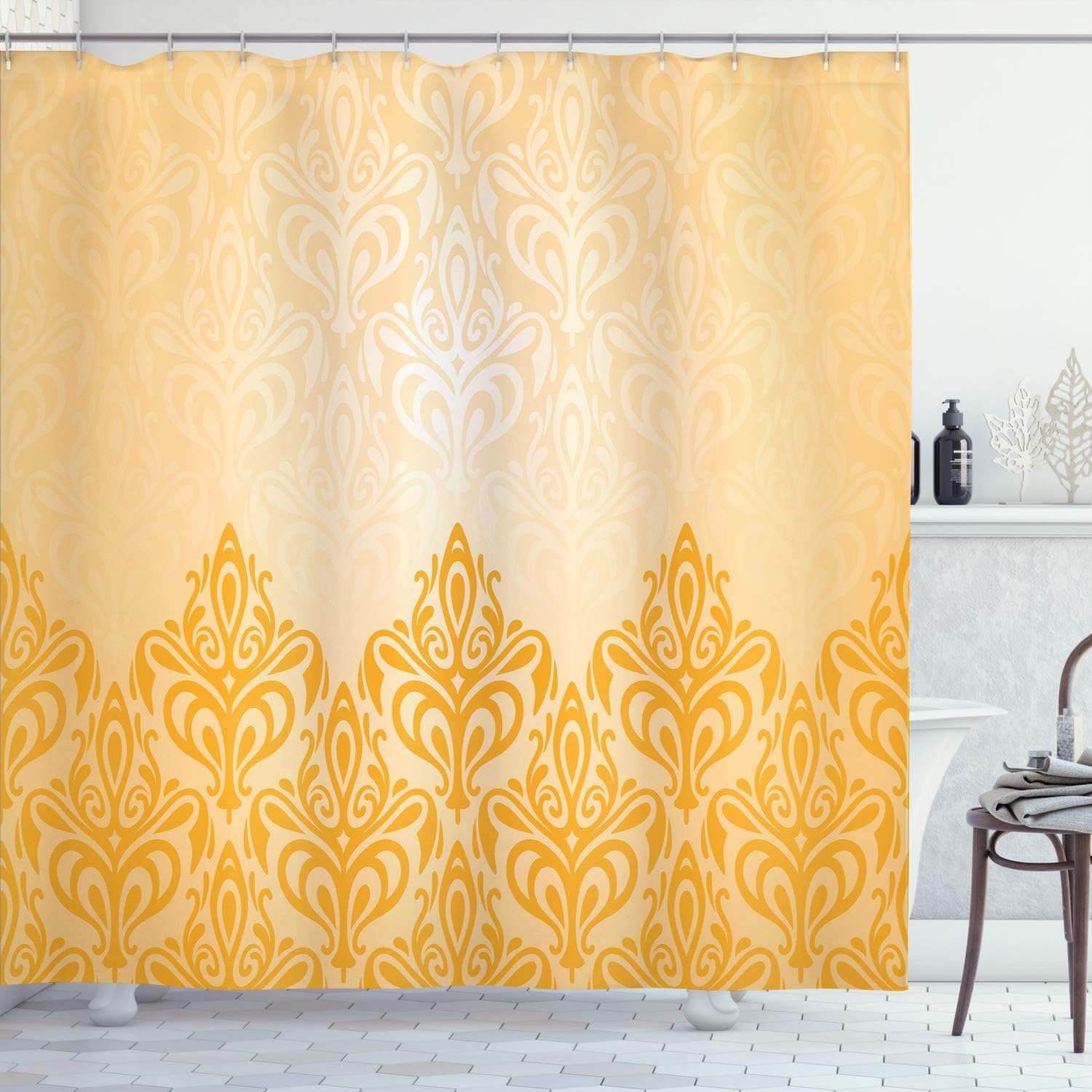 Ambesonne Vintage Shower Curtain, Retro Style Medieval European Victorian Gradient Royal Pale Patterns Art Print, Cloth Fabric Bathroom Decor Set with Hooks, 70" Long, Orange Beige