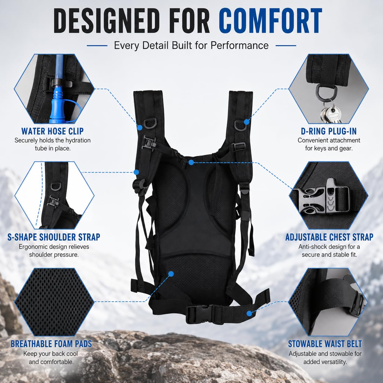 Zavothy Sac à Dos d'hydratation avec vessie d'hydratation 2L, Sac à Dos d'eau, Sac à Dos de Sport, pour la Course à Pied, Le Cyclisme, Le Ski, la Randonnée, l'escalade et Le Camping, Noir