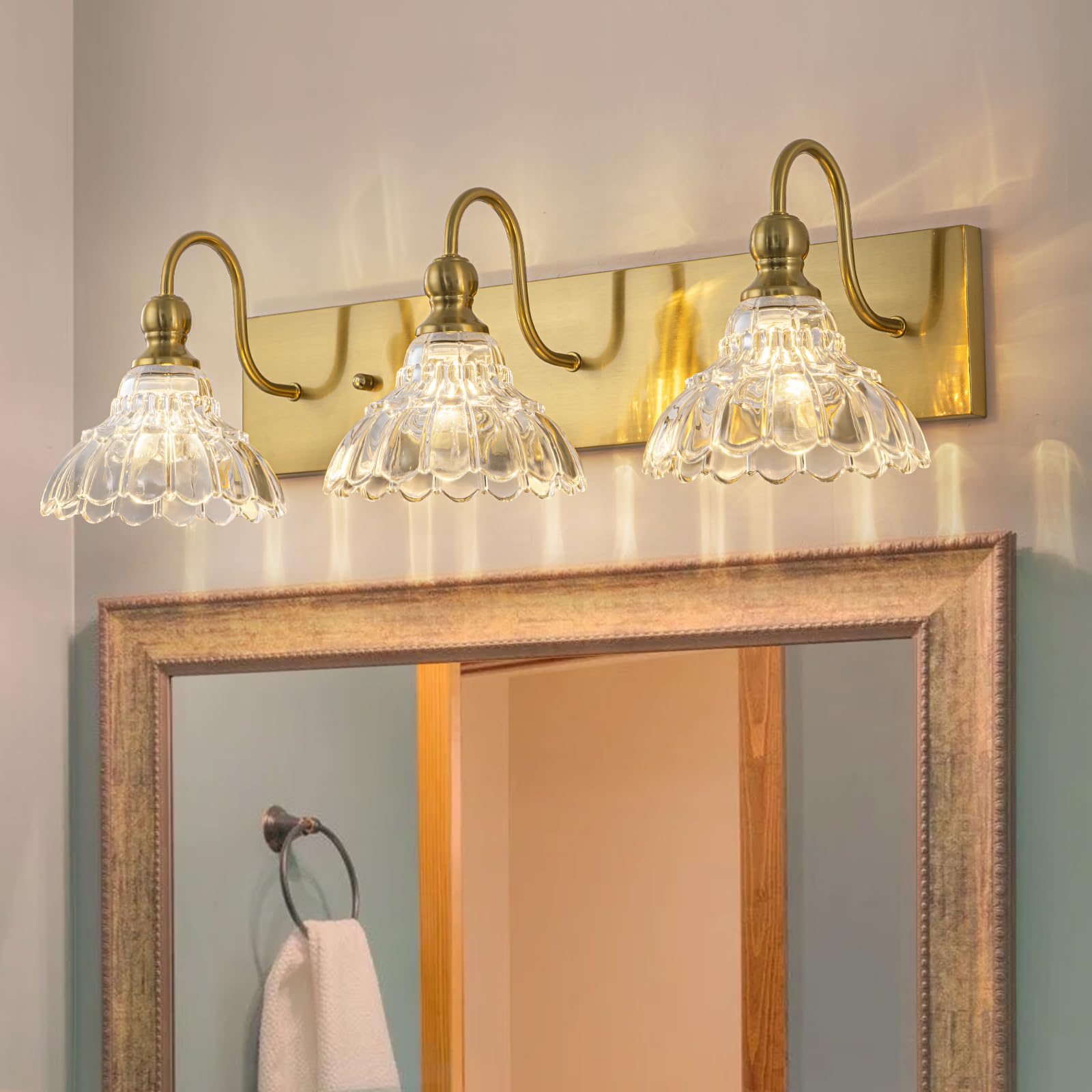 Photo 1 of EDISLIVE Vintage Vanity Light for Bathroom Gold 3-Light Bath Wall Light Fixture with Clear Flower Glass Shades 26.38" E12 Antique Wall Sconce for Bedroom Hallway Living Room Vanity Mirror