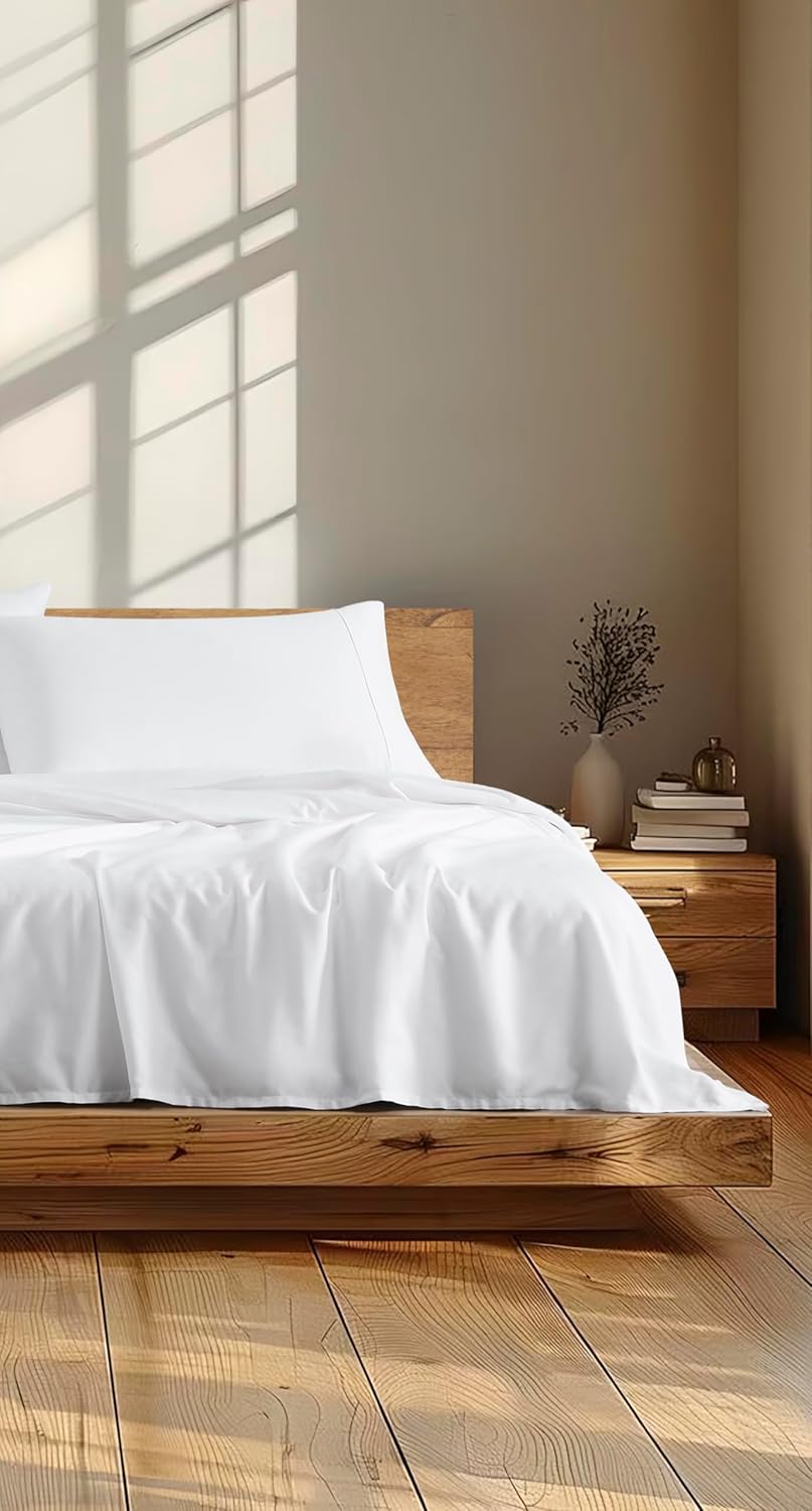 Linen Closet 4Pc 100% Organic Cotton Full Size Sheets Set, White, 300 Thread Count, Naturally Derived EarthColors, Deep Pocket Fitted Sheet (Up to 18"), Soft Bed Sheets Set, Juego De Sábanas Full