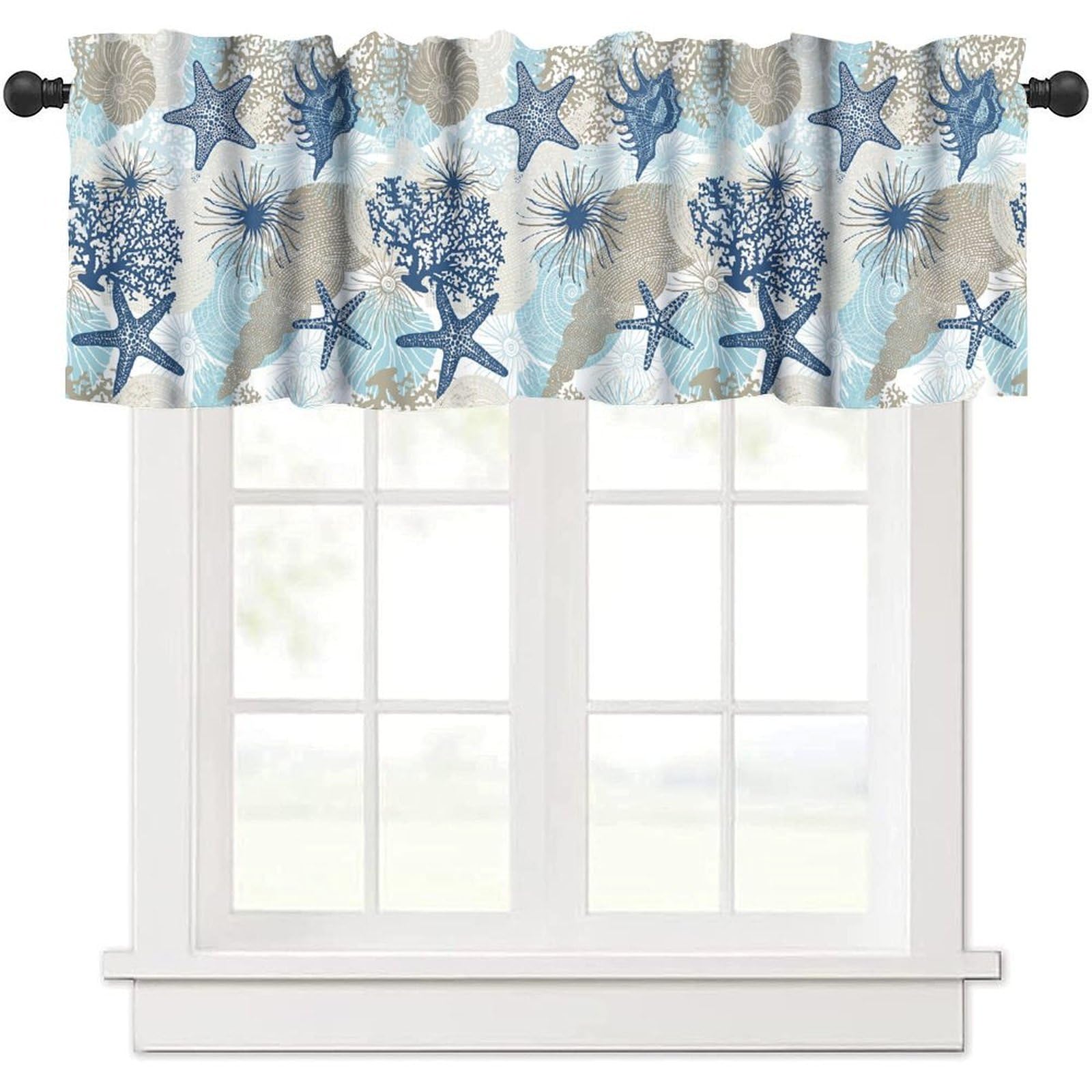 Seashell Table Window Valance Curtain, Vintage Blue Coastal Nautical Corals Tropical Sea Beach Sealife Theme Window Treatment Valances for Home Kitchen Café Décor 54'x18', 1 Panel